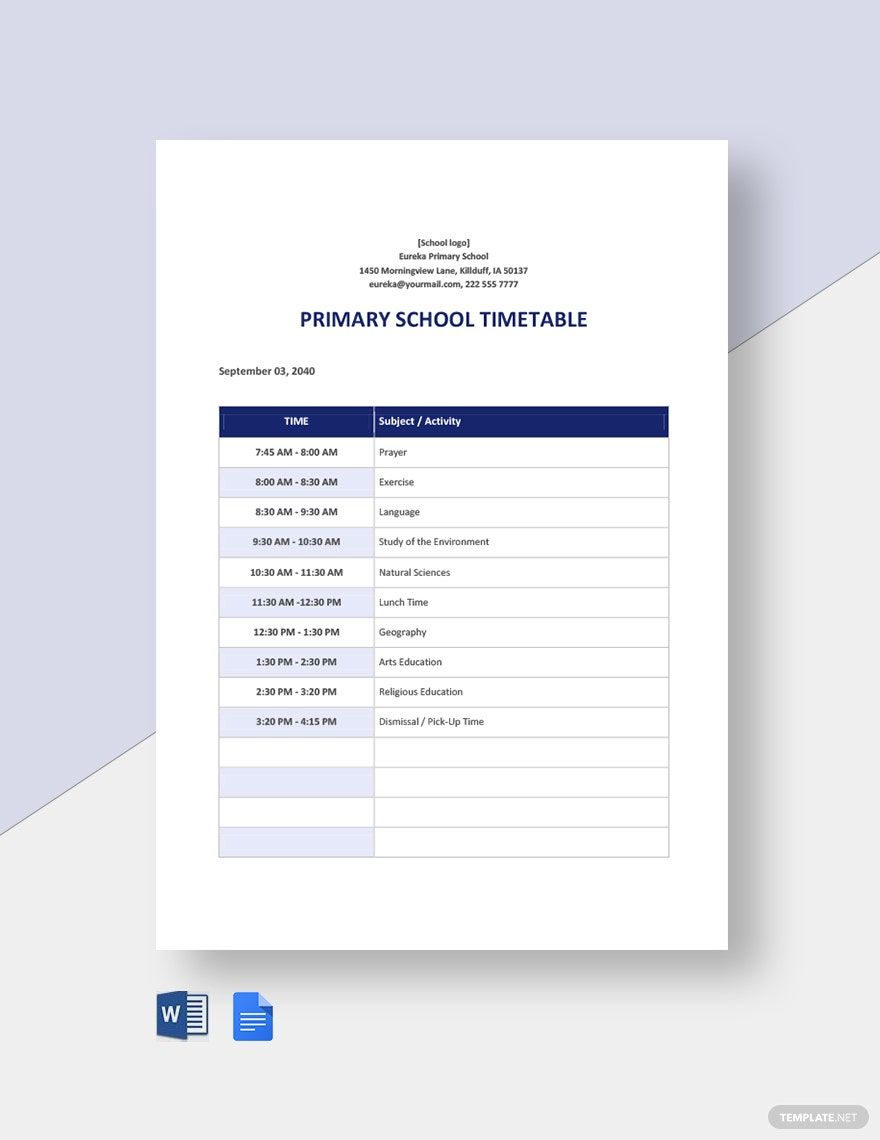 Free Primary School Timetable Template