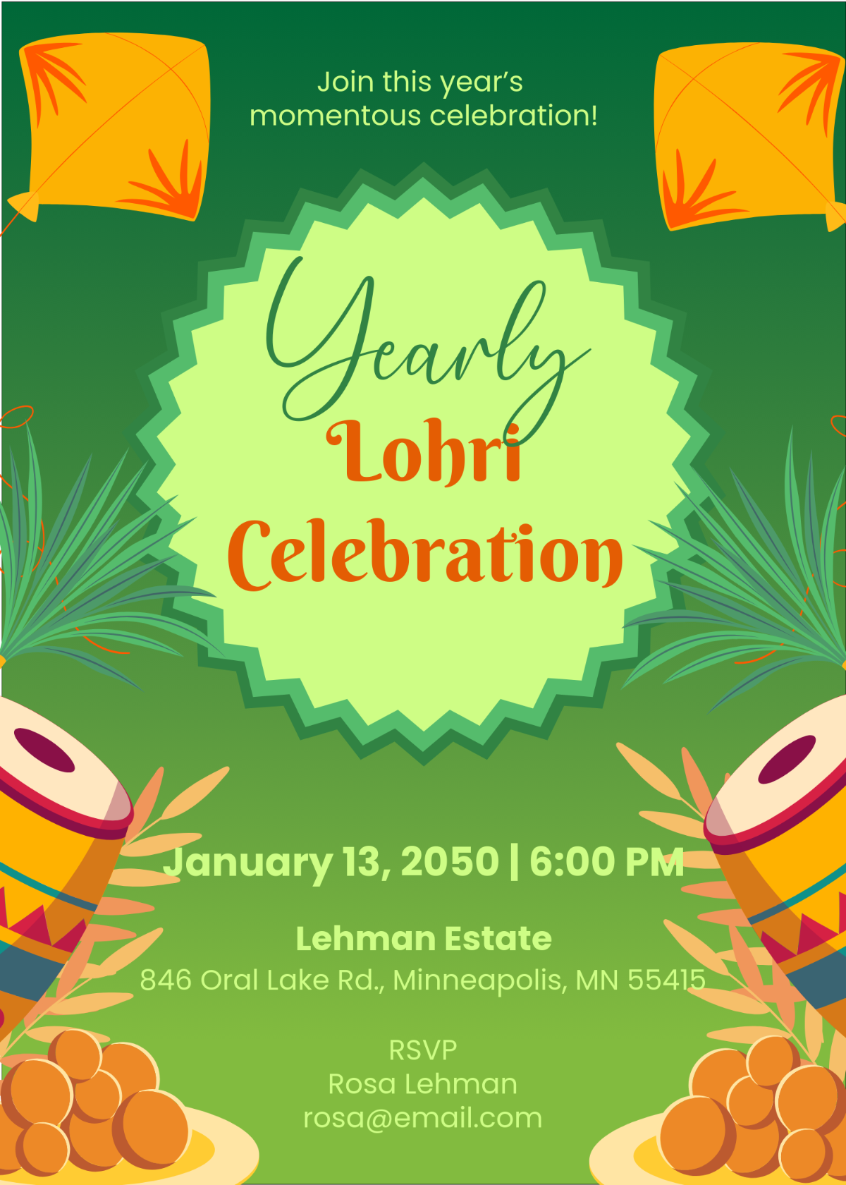 Unique Green Lohri Invitation Template - Edit Online & Download