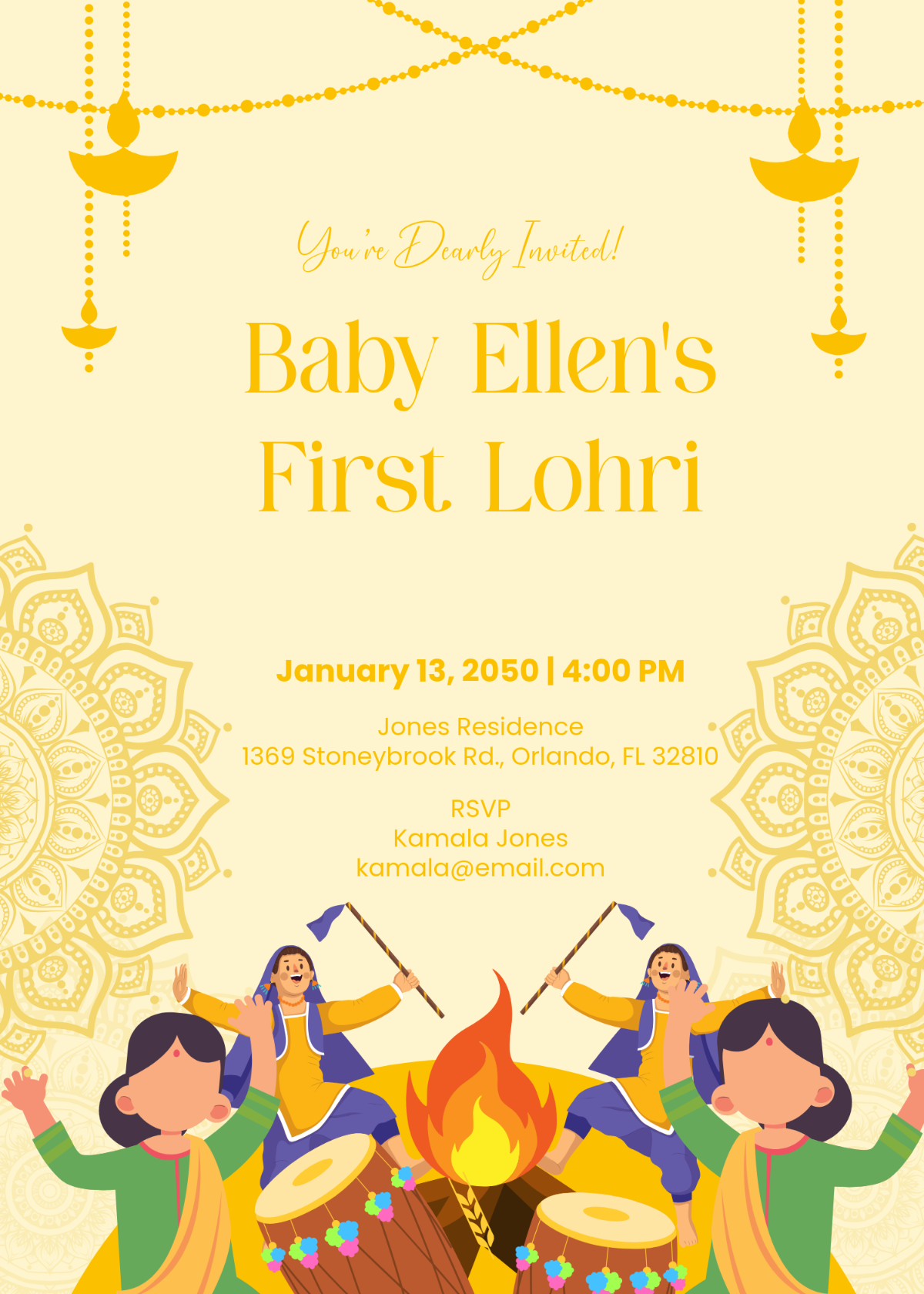 Gold Lohri Kitty Invitation Template - Edit Online & Download