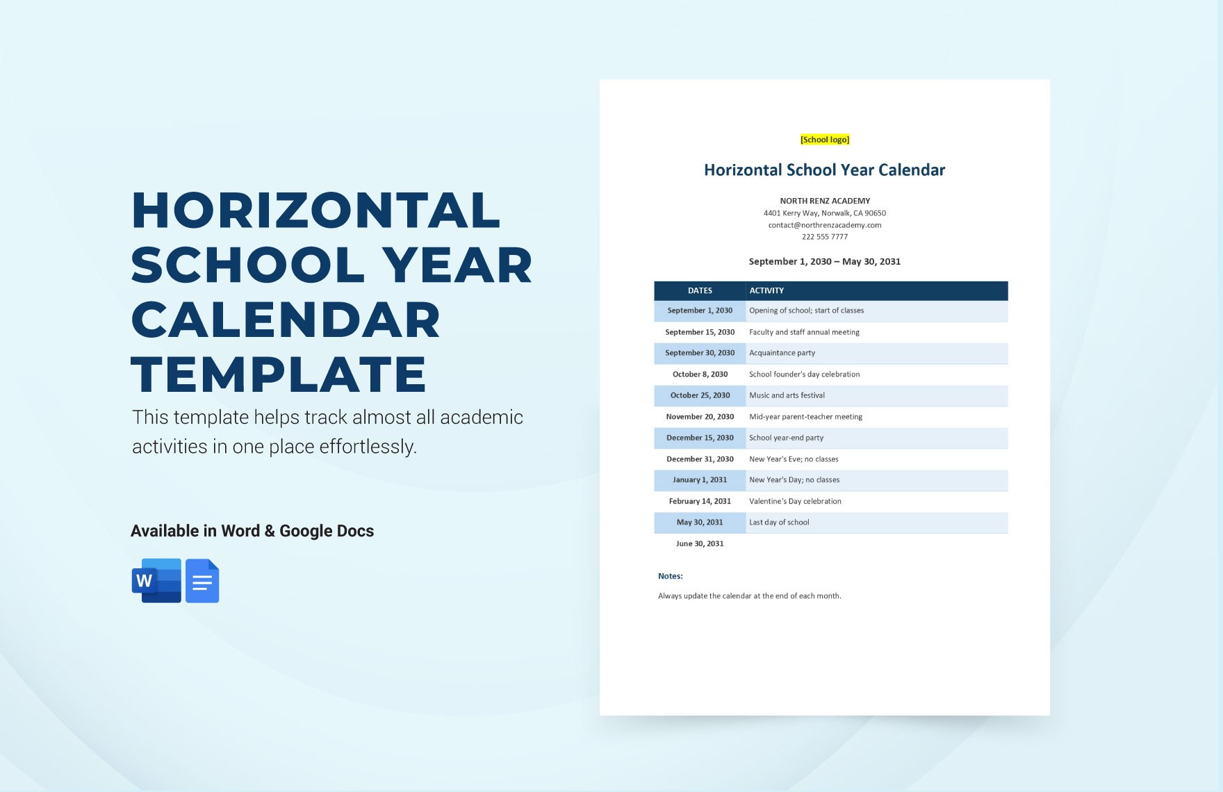 Horizontal School Year Calendar Template