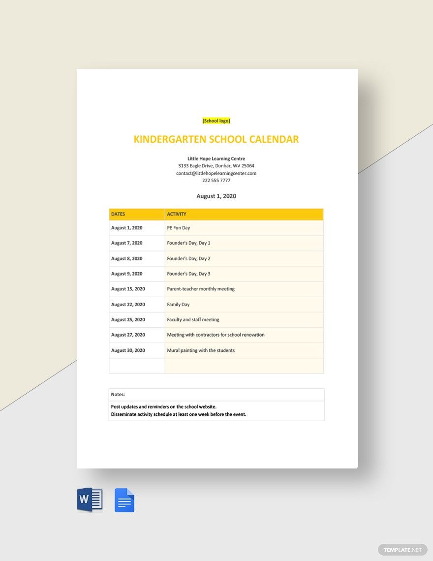 Editable Kindergarten School Calendar Template