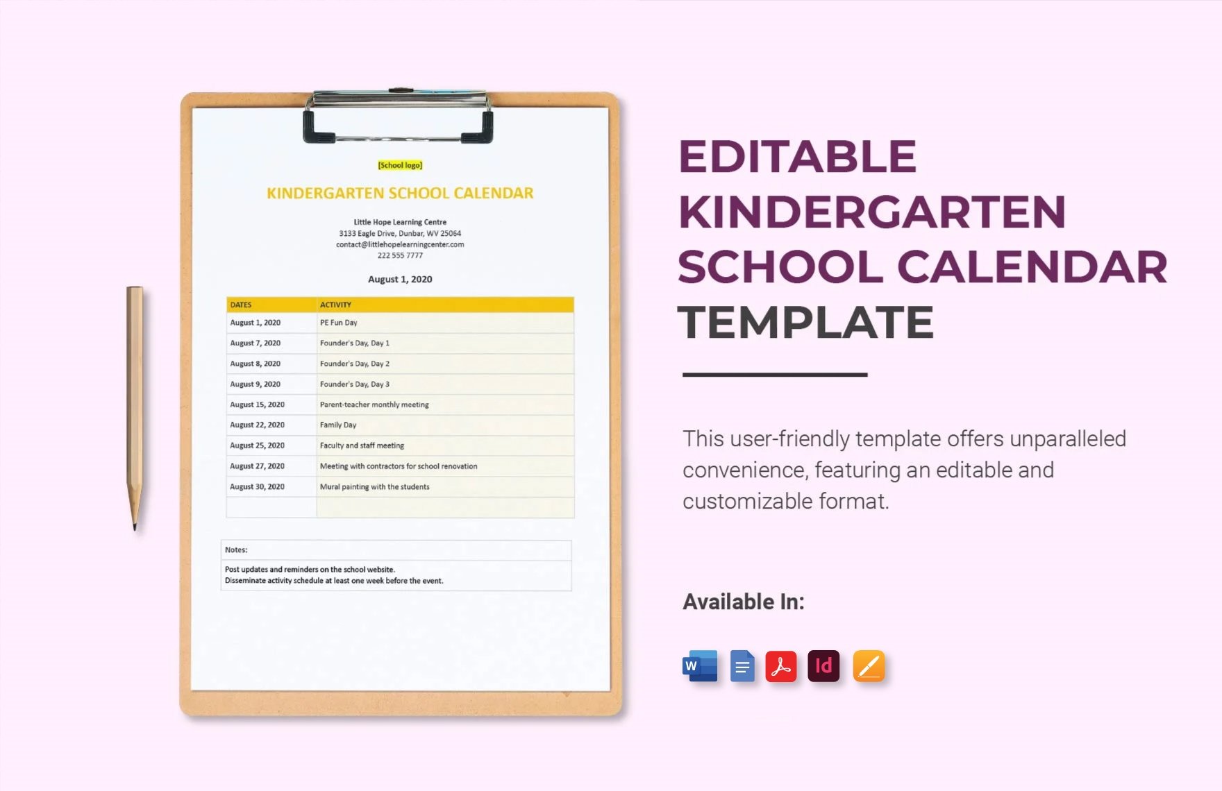 Editable Kindergarten School Calendar Template in Word, Google Docs, PDF, Apple Pages, InDesign
