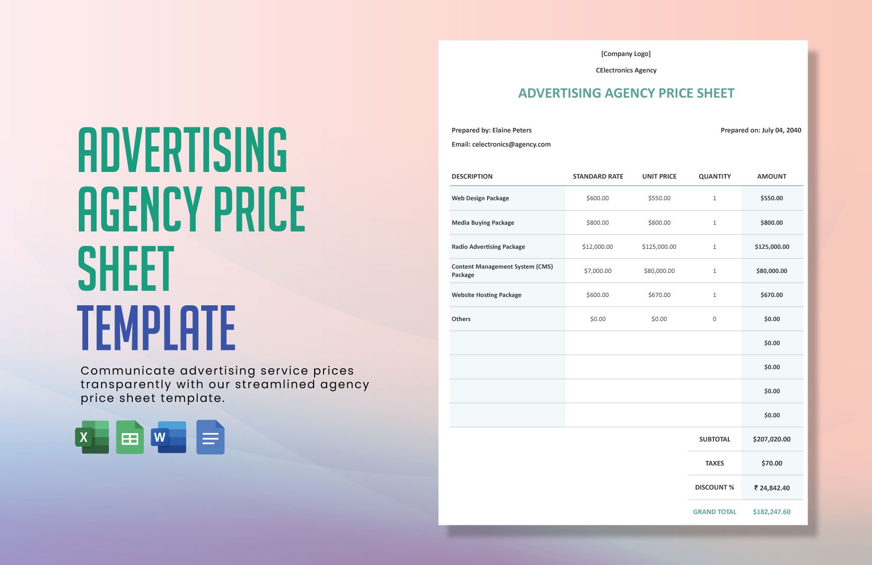Advertising Agency Price Sheet Template