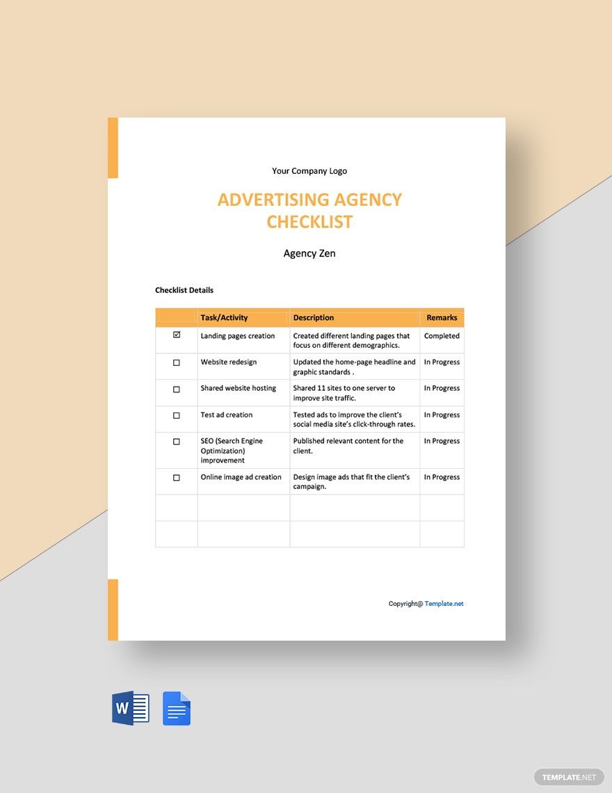 Simple Advertising Agency Checklist Template