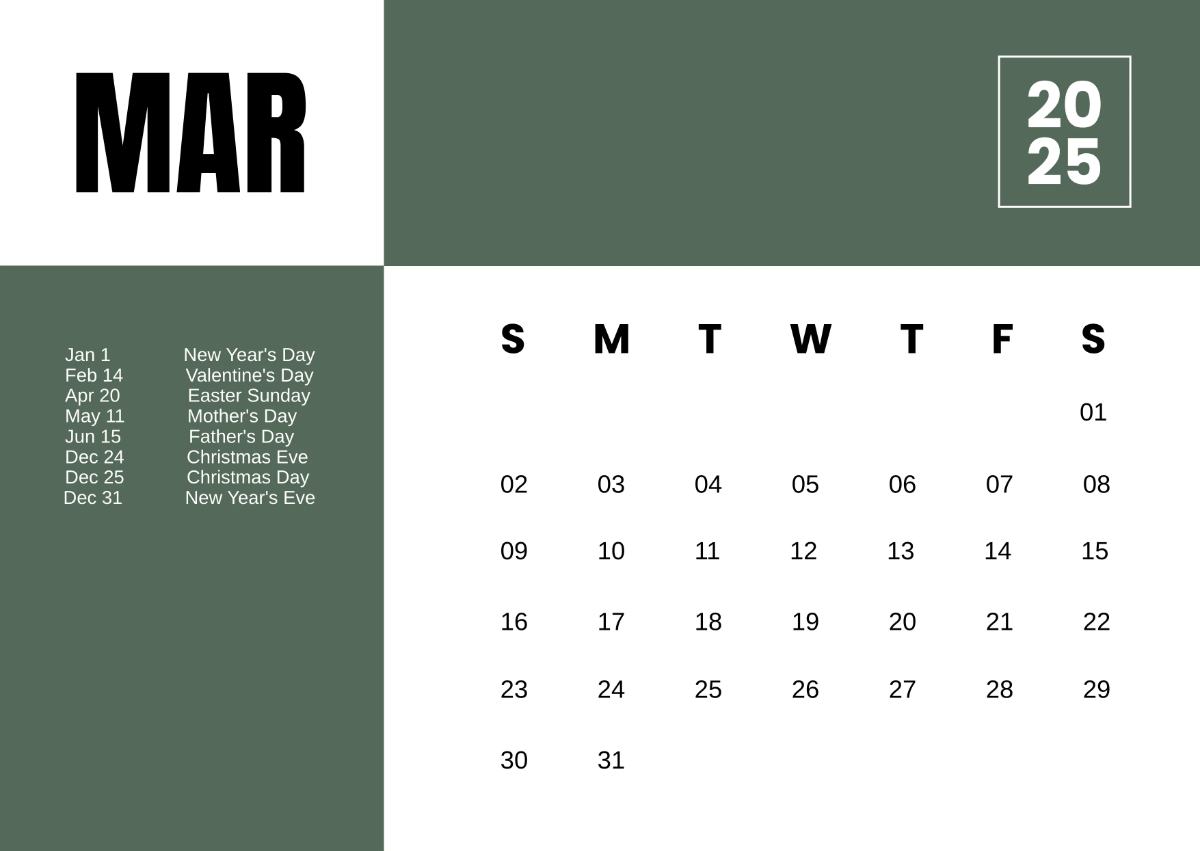 Free 2025 Calendar with Holidays Template to Edit Online