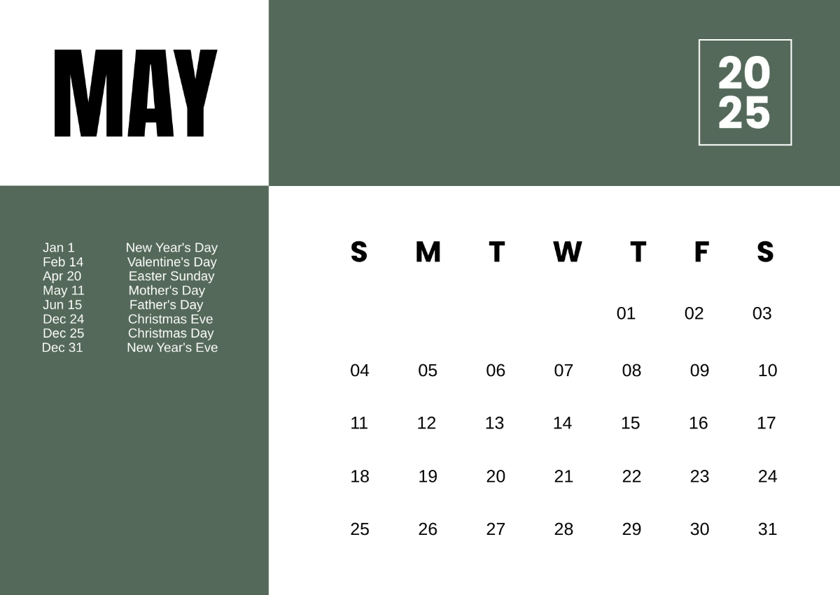 Free 2025 Calendar with Holidays Template to Edit Online