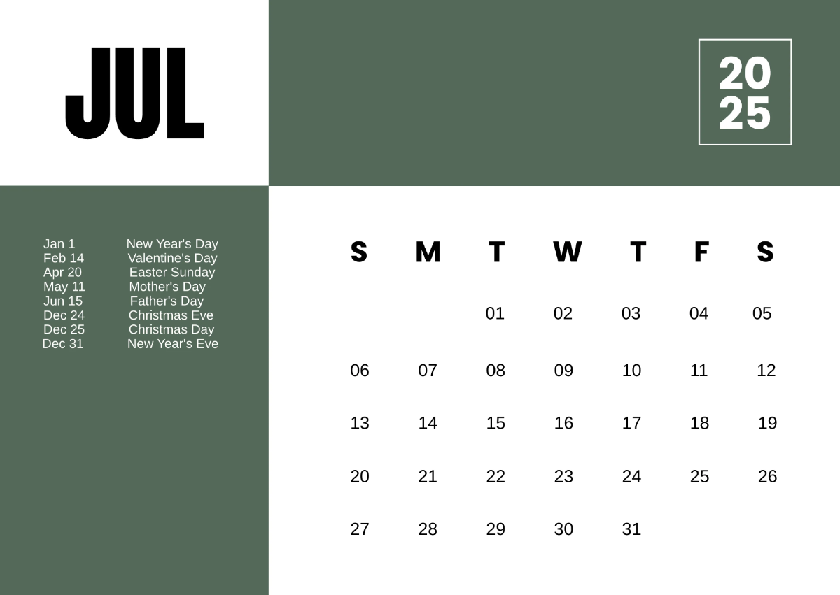 Free 2025 Calendar with Holidays Template to Edit Online