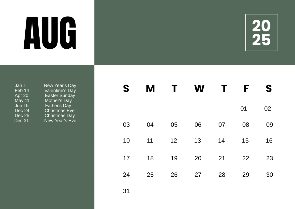 Free 2025 Calendar with Holidays Template to Edit Online