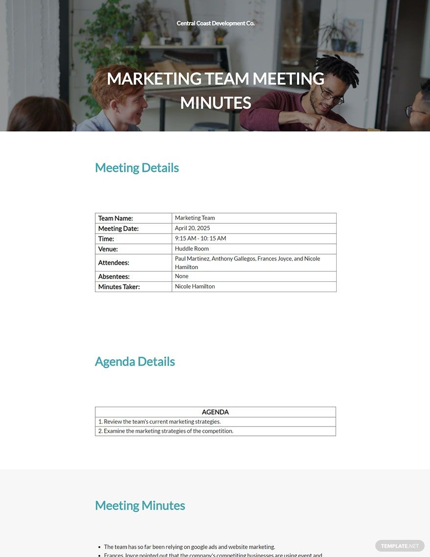 Free Simple Team Meeting Minutes Template - Google Docs, Word, Apple ...