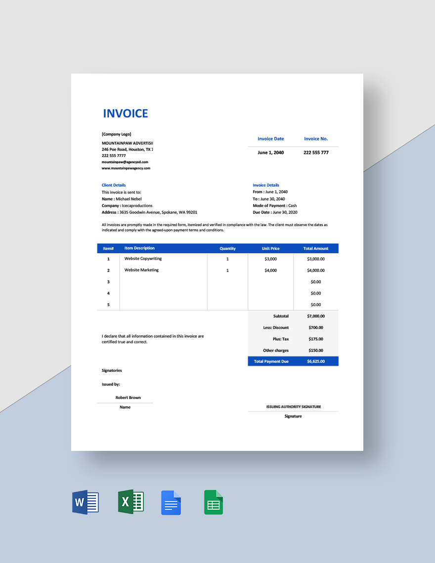 Professional Advertising Agency Invoice Template in Google Sheets, Google Docs, Word, Excel, Pages - Download | Template.net