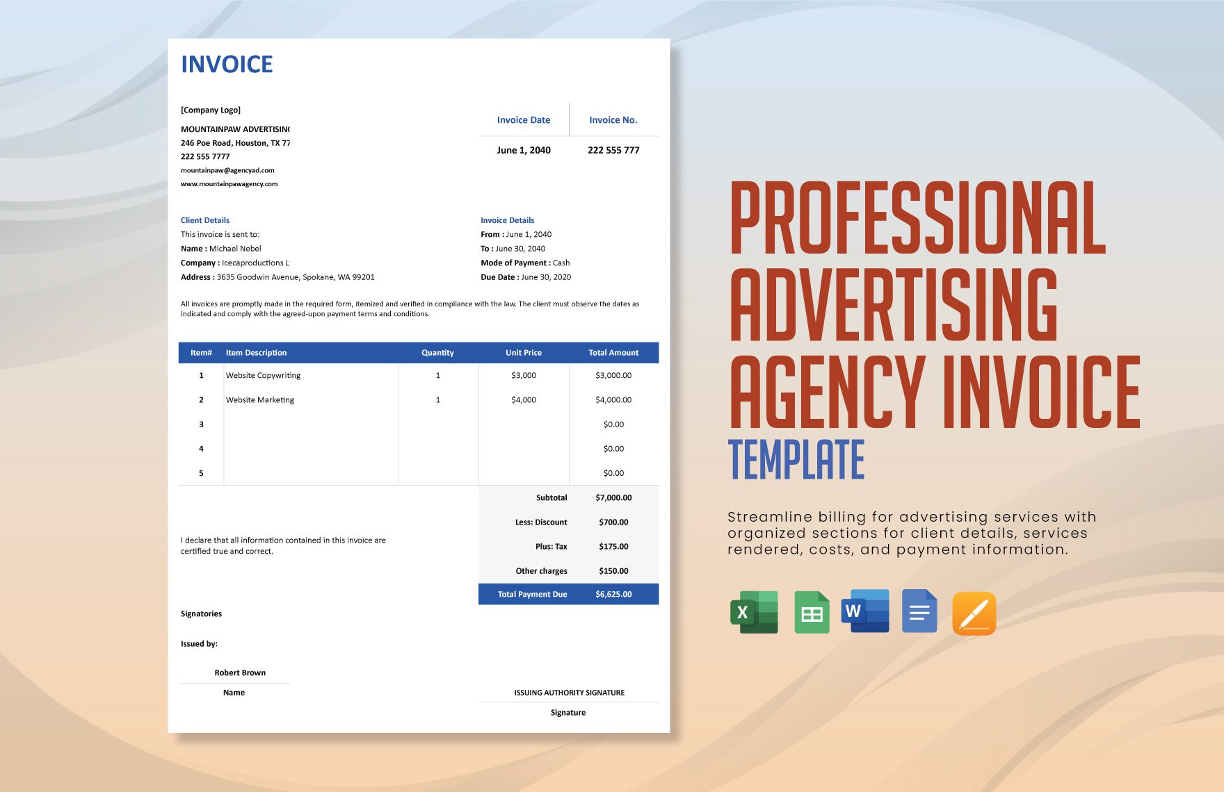 Professional Advertising Agency Invoice Template in Word, Google Docs, Excel, Google Sheets, Apple Pages