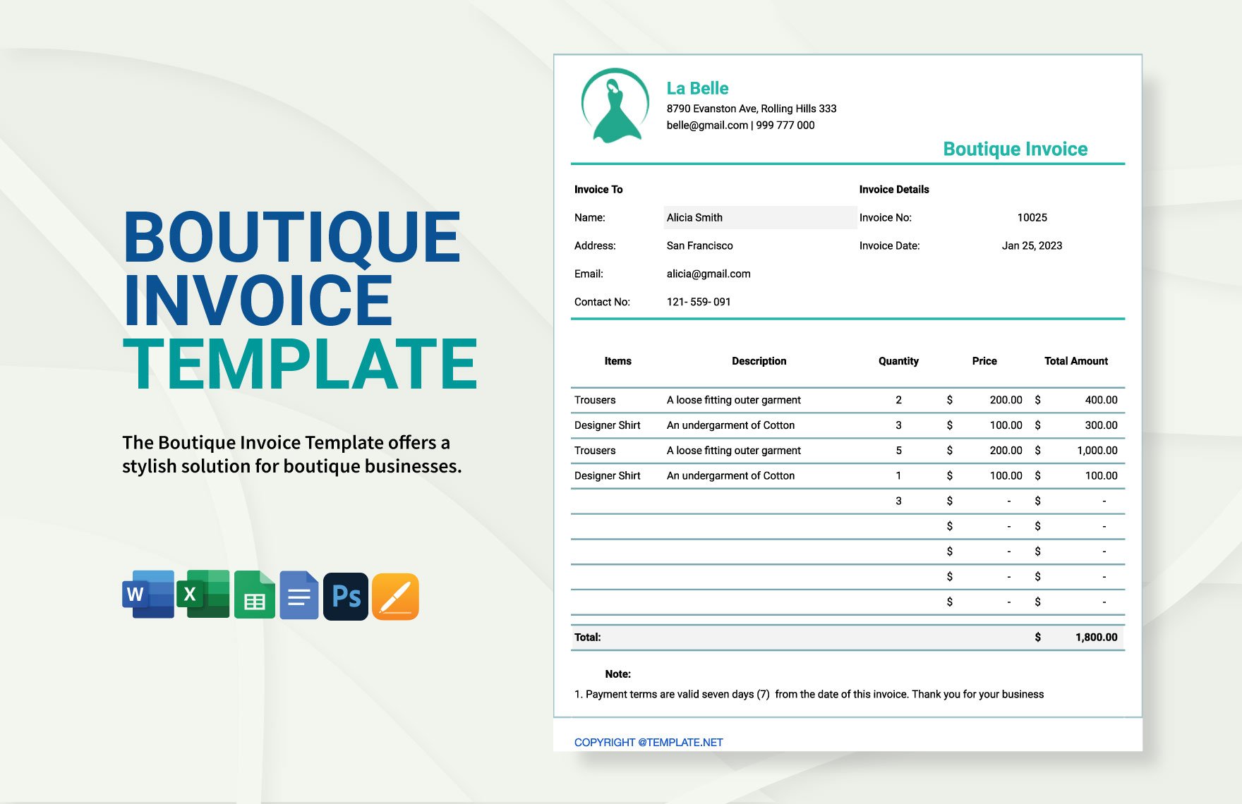 Boutique Invoice Template in Word, Google Docs, Excel, Google Sheets, PSD, Apple Pages