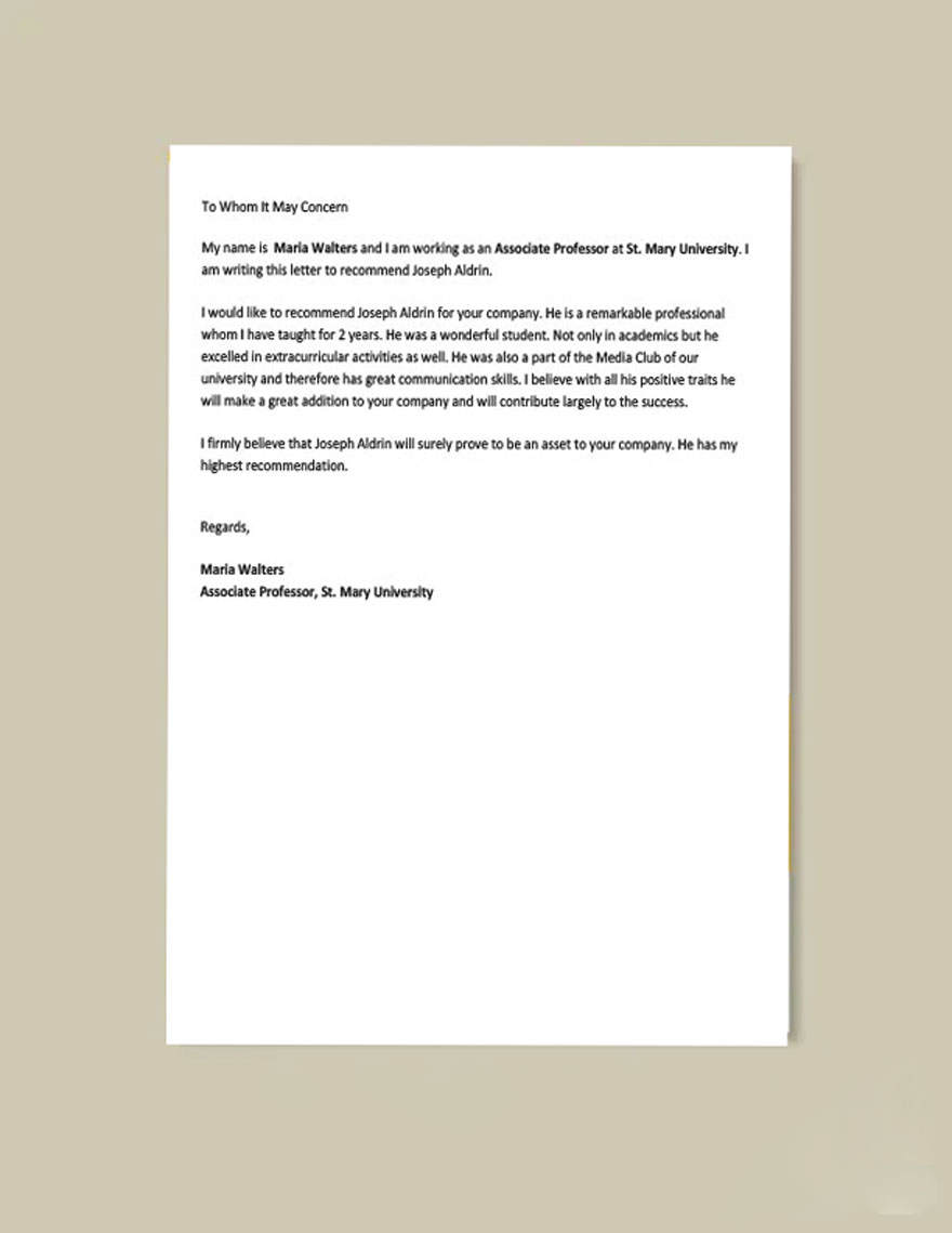 Academic Recommendation Letter Template Google Docs Word Template net