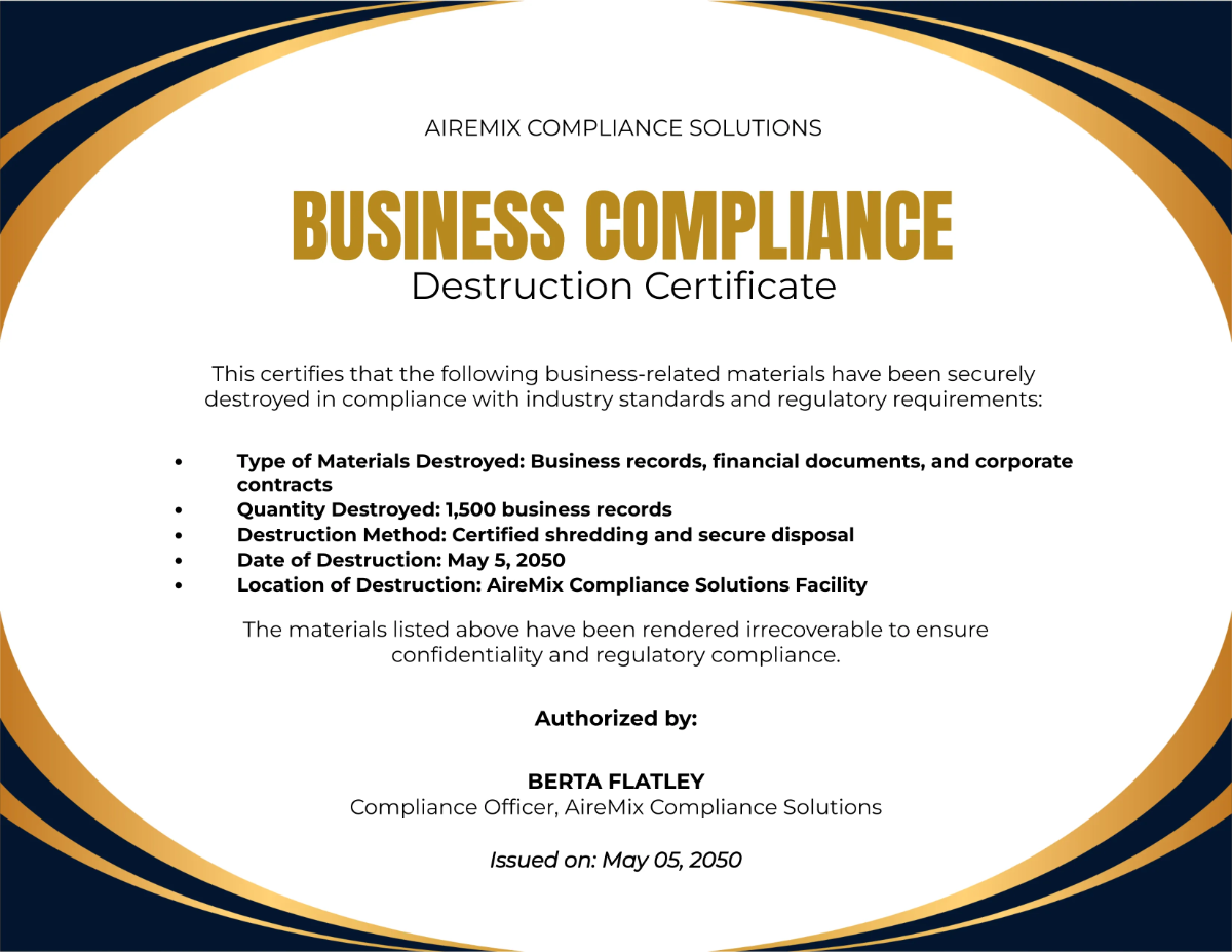 Free Business Compliance Destruction Certificate Template to Edit Online