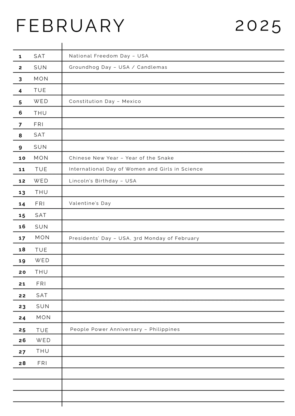 Free February 2025 Weekly Calendar Template to Edit Online
