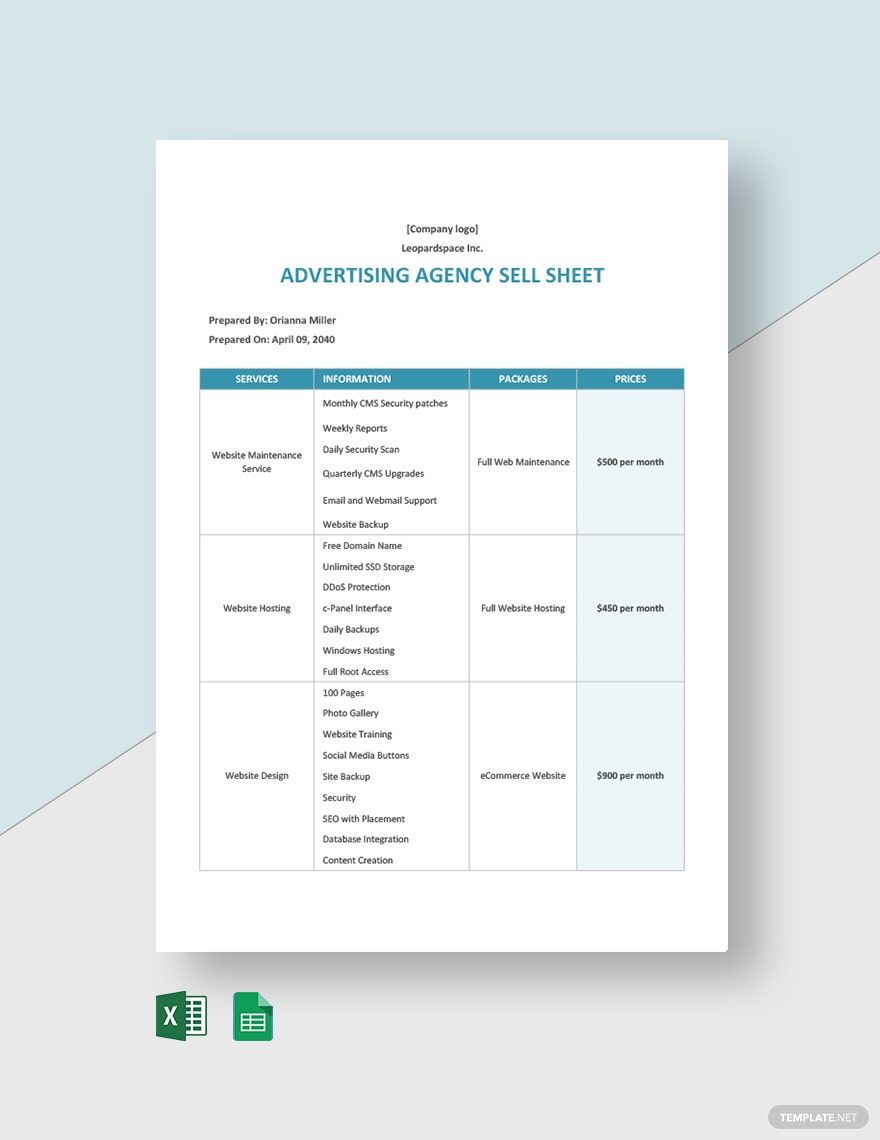 Free Advertising Agency Sell Sheet Template in Word, Google Docs, Excel, Google Sheets