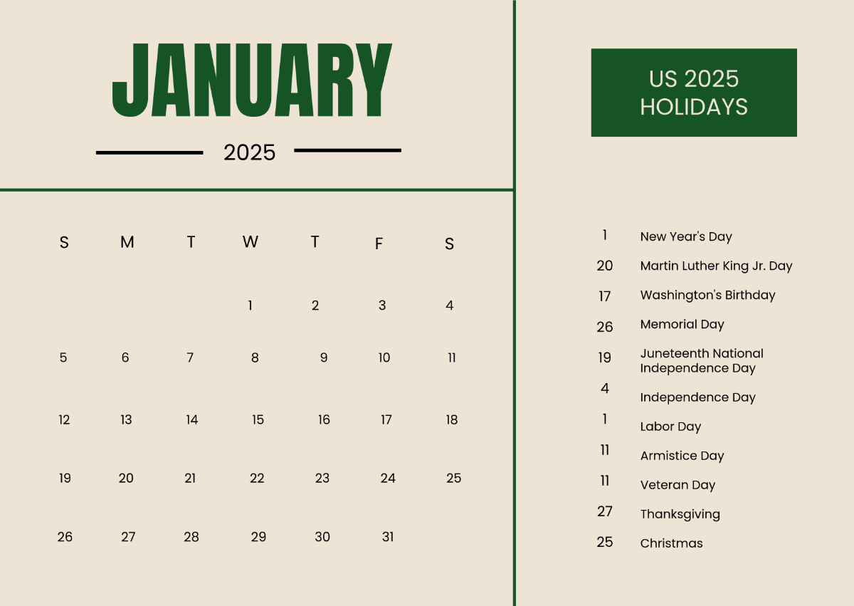 Free January 2026 Calendar with US Holidays Template to Edit Online