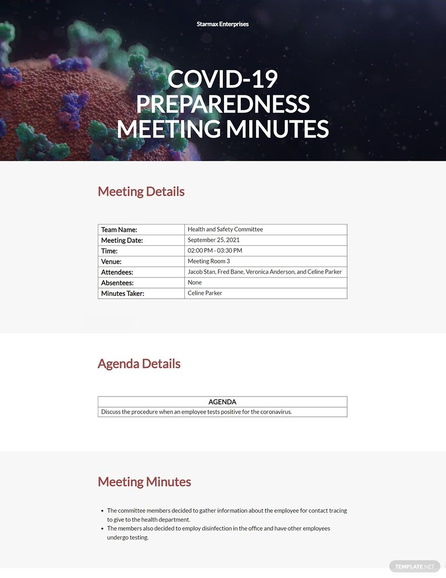 Formal Covid 19 meeting minutes Template in Word, Google Docs, Apple Pages