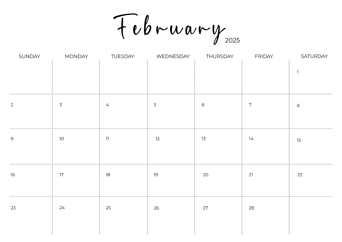 Free Printable February 2025 Horizontal Calendar Template to Edit Online