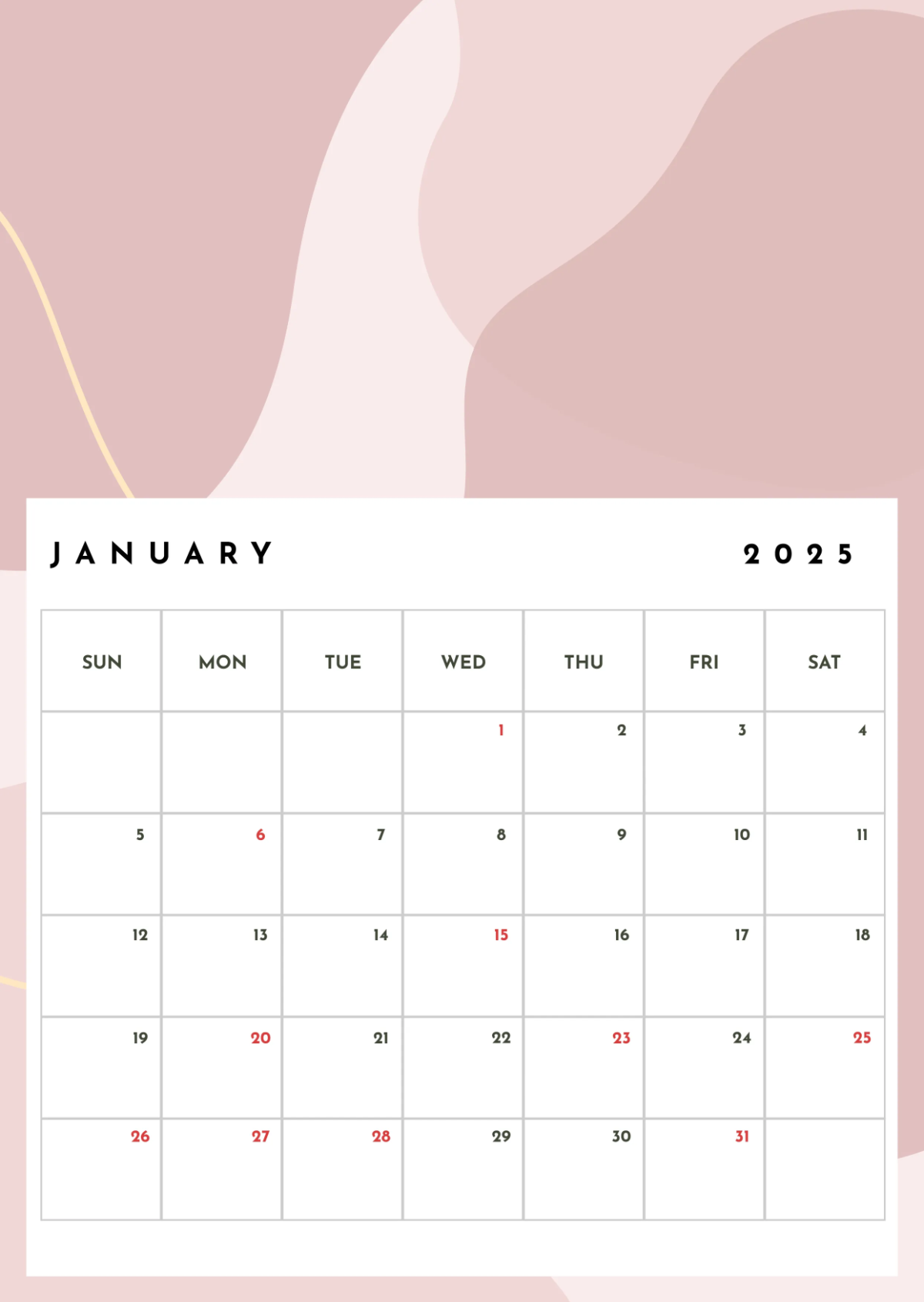 Free January 2025 Weekly Calendar Template to Edit Online