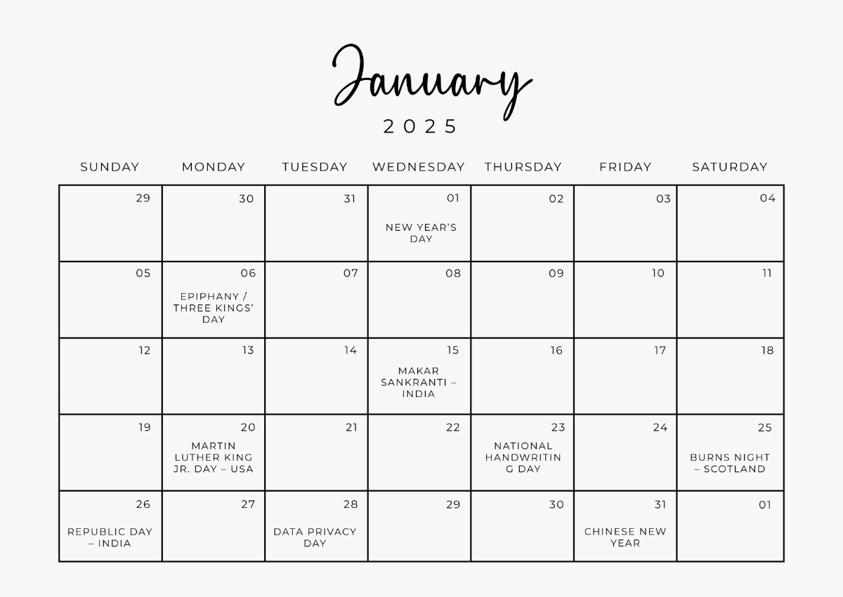 Free Editable January 2025 Horizontal Calendar Template to Edit Online