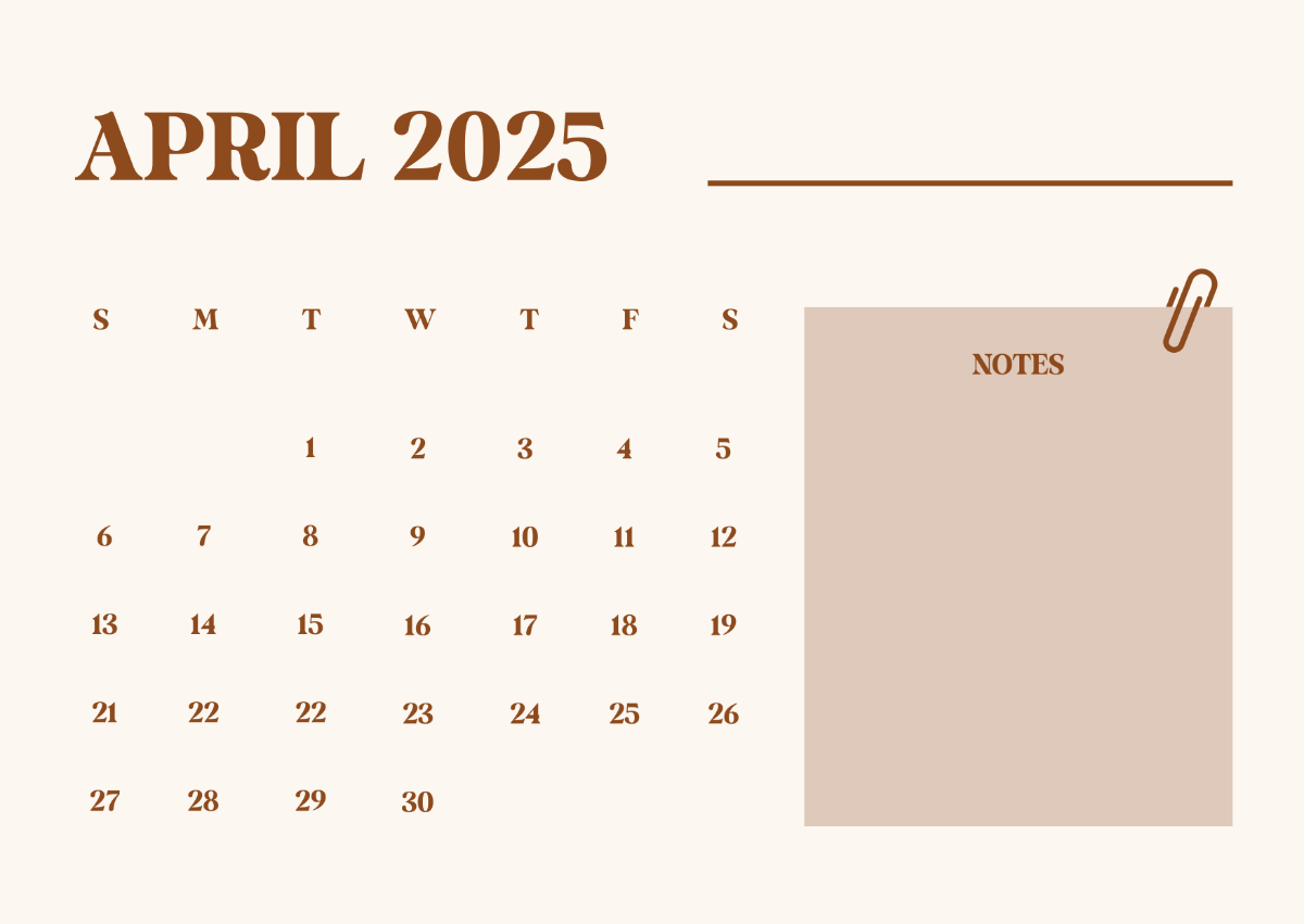 Free April 2026 Calendar with Notes Template to Edit Online