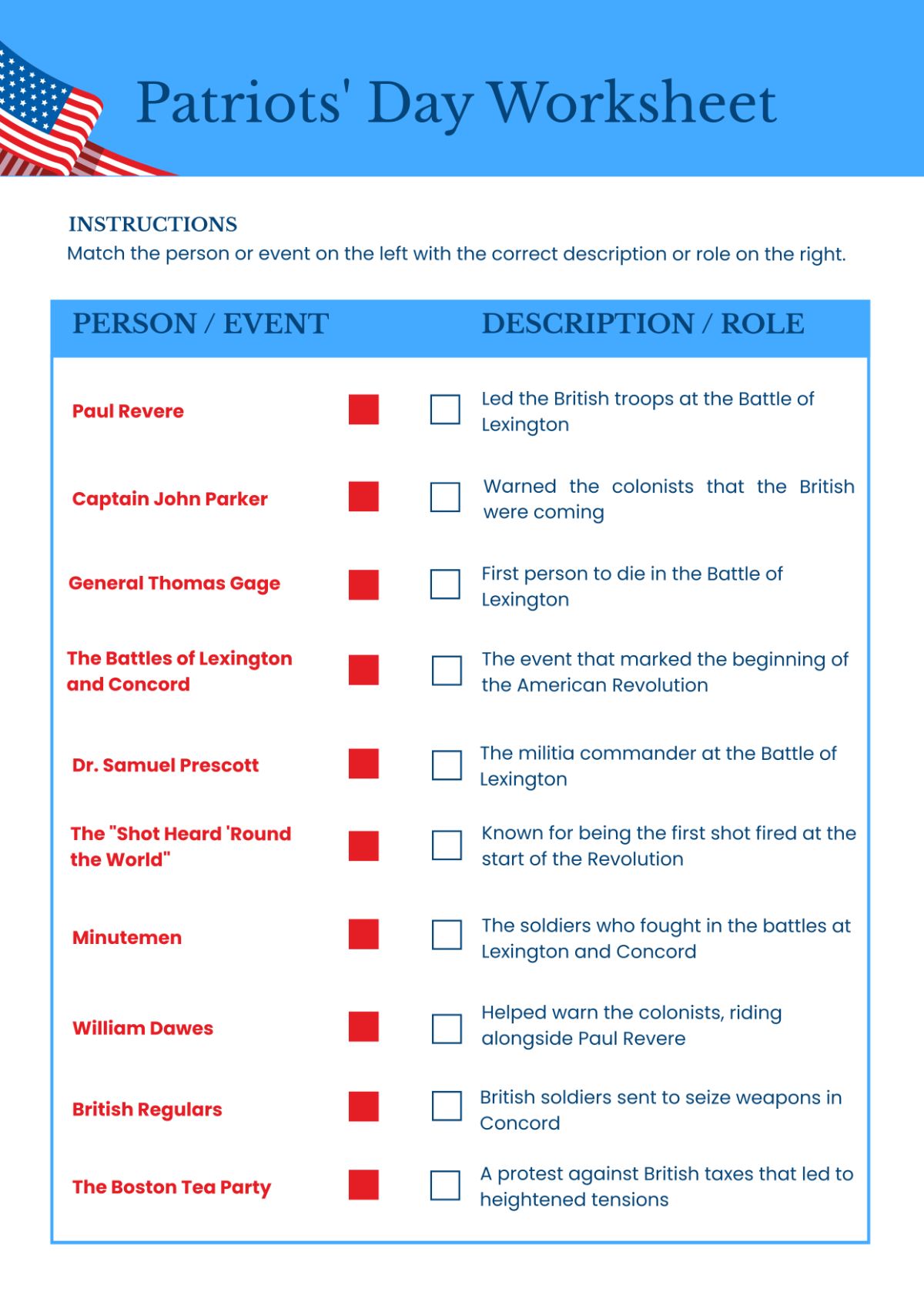 Free Patriots' Day Worksheet Template