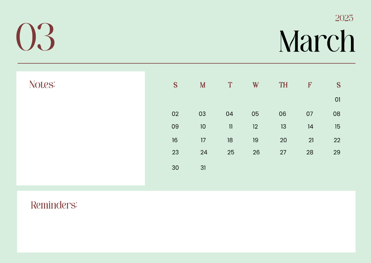 March 2025 Calendar with Notes Template