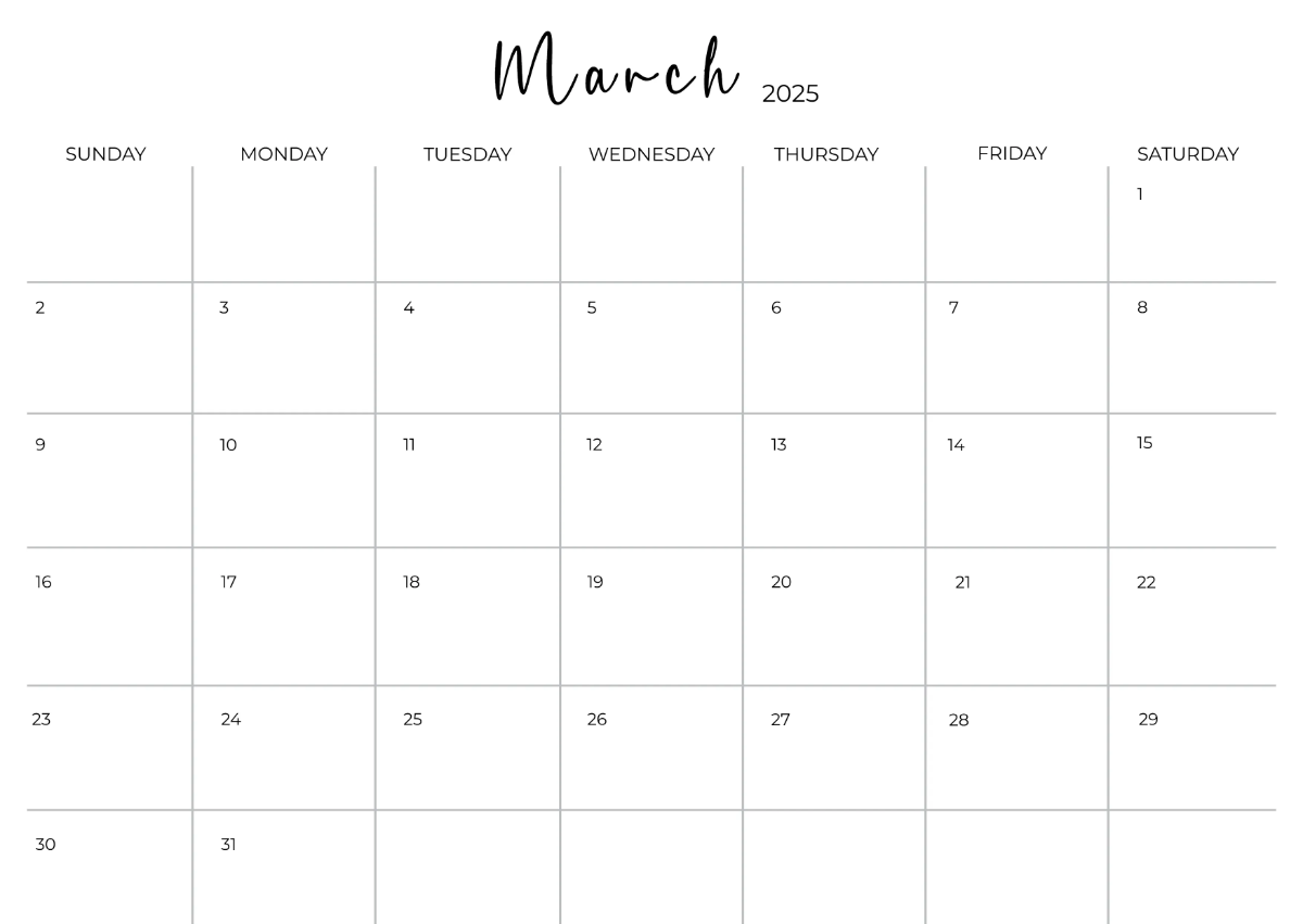 Free Printable March 2025 Horizontal Calendar Template to Edit Online