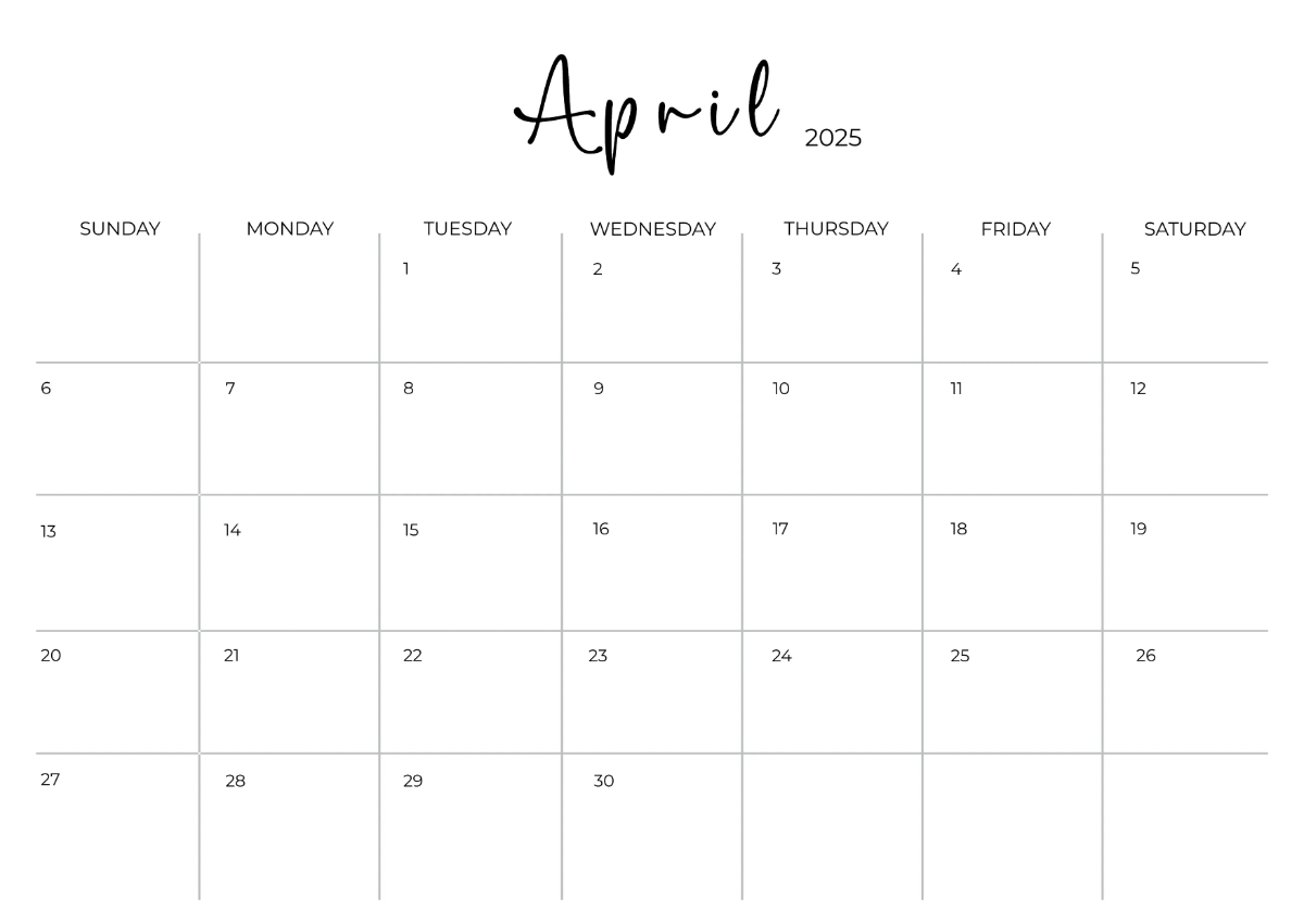 Free Printable April 2025 Horizontal Calendar Template to Edit Online