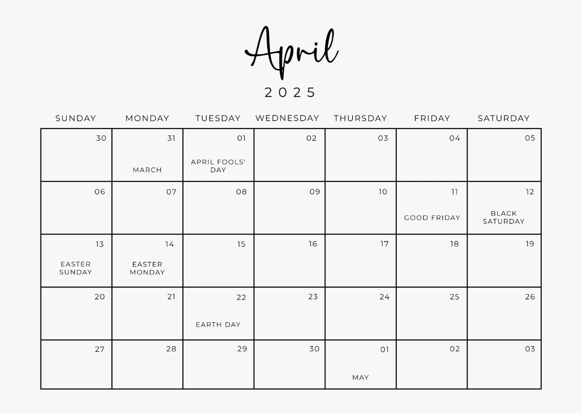 Editable April 2025 Horizontal Calendar Template