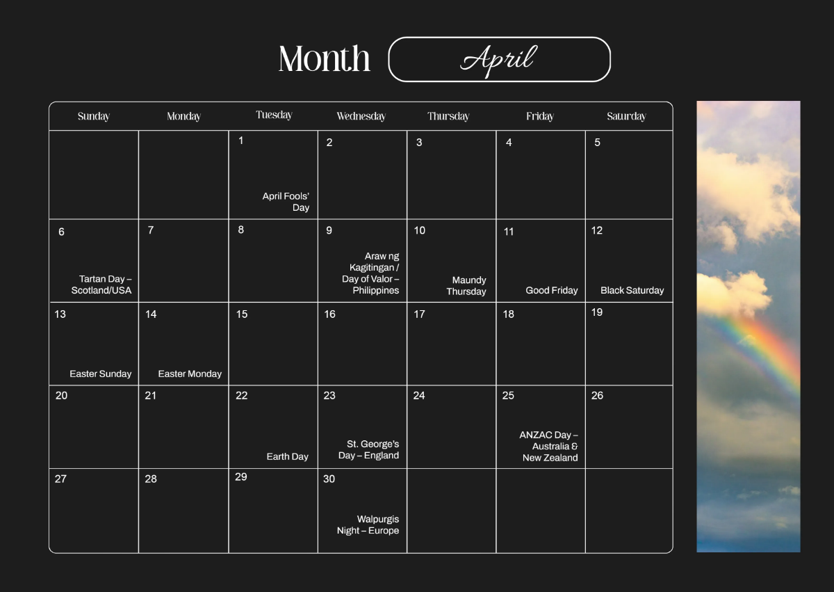 Free April 2025 Horizontal Calendar Template to Edit Online