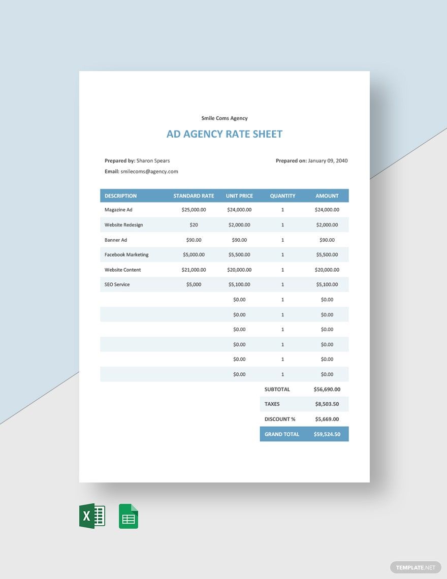 Ad Agency Rate Sheet Template