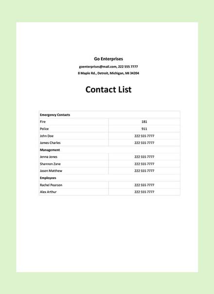 Class Contact List Template Download in Word Google Docs Excel PDF