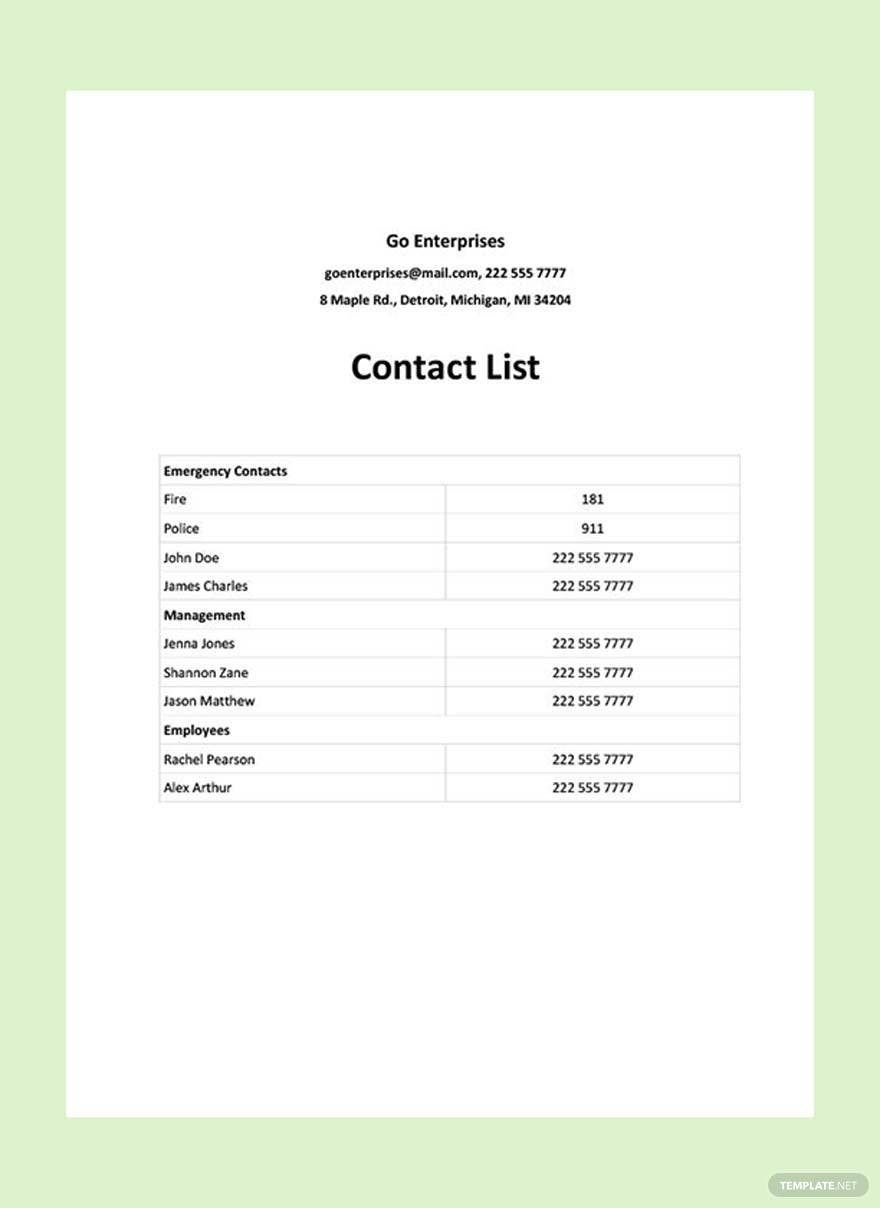 Contact List Template in Word, Google Docs