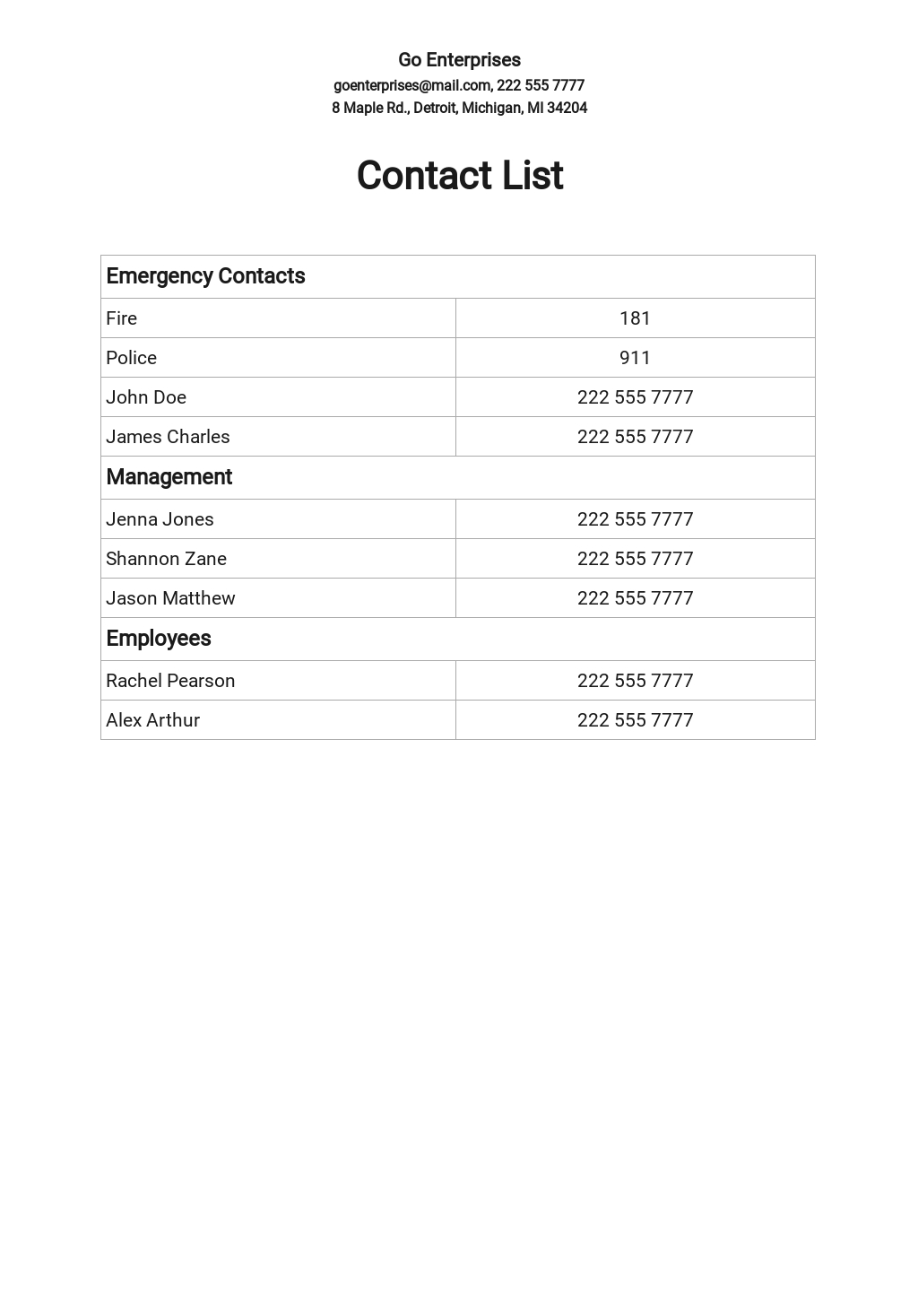 Printable Contact List Template Office