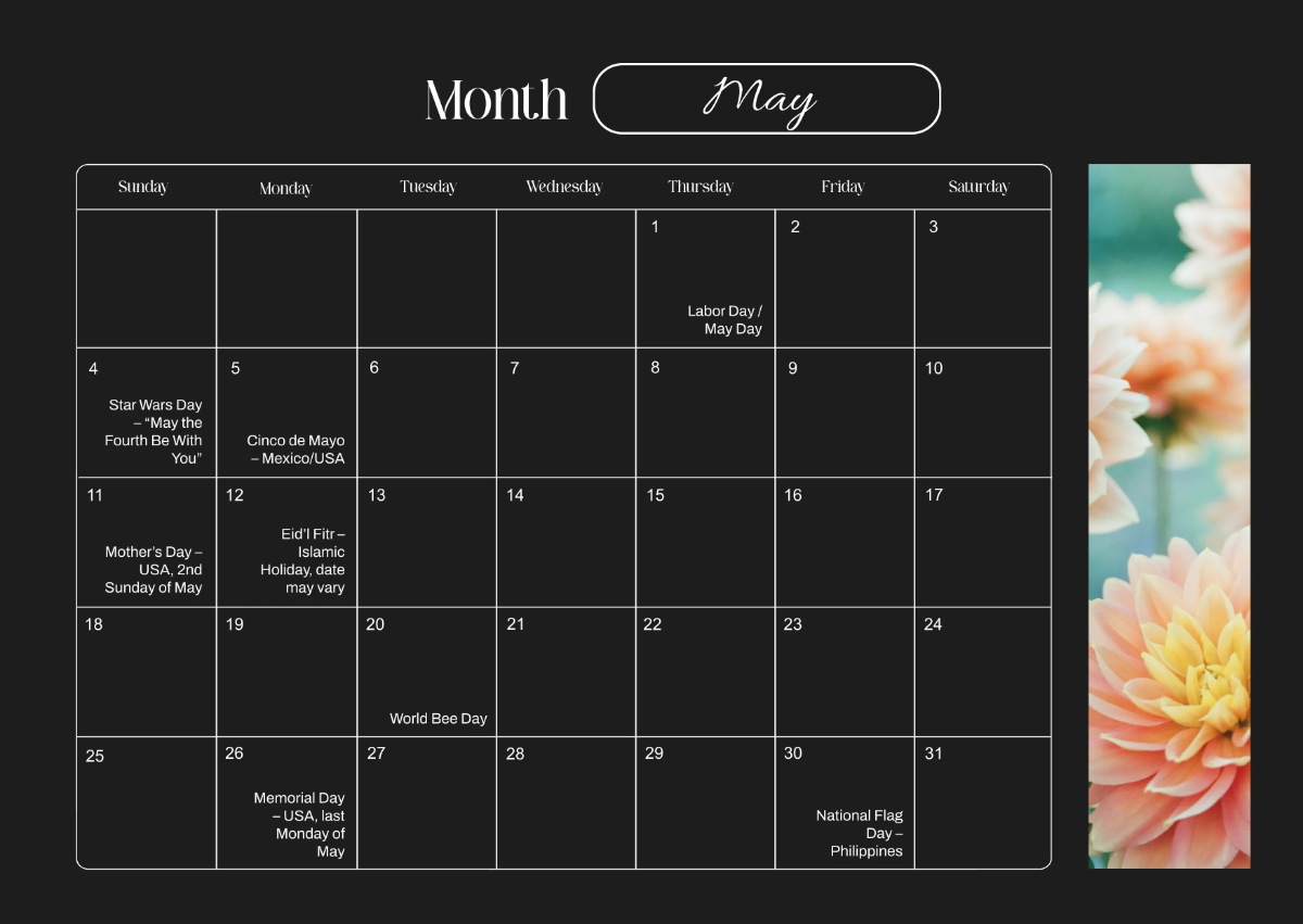 Free May 2025 Horizontal Calendar Template to Edit Online