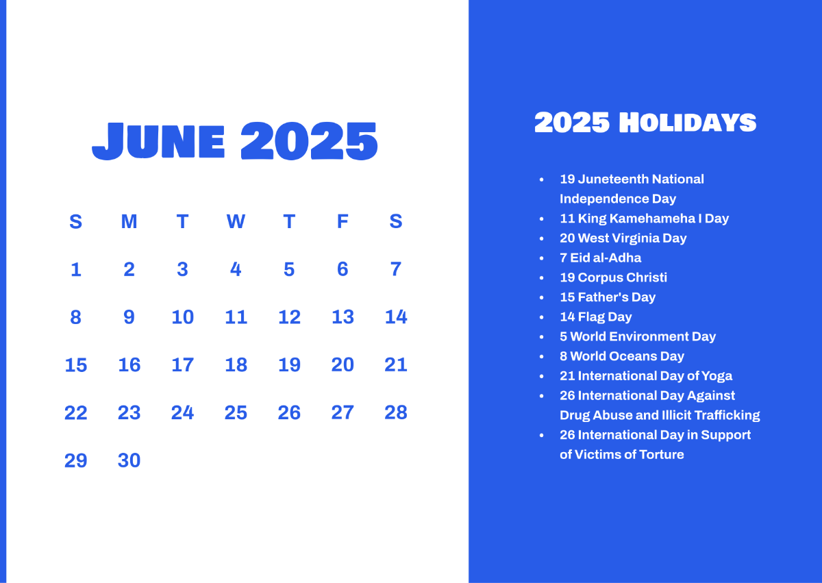 Free June 2025 Calendar with US Holidays Template to Edit Online