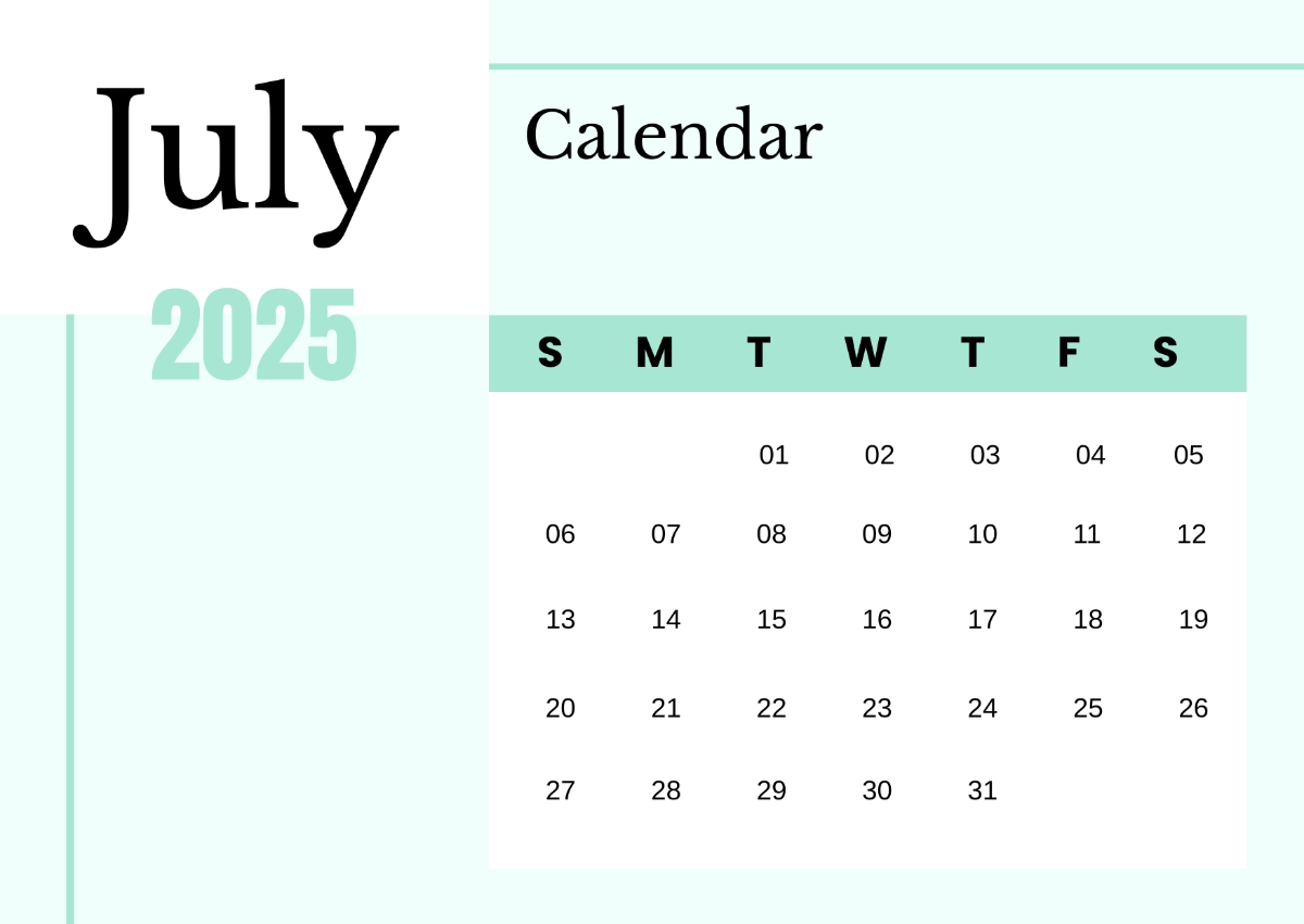 Free July 2025 Monthly Calendar Template to Edit Online