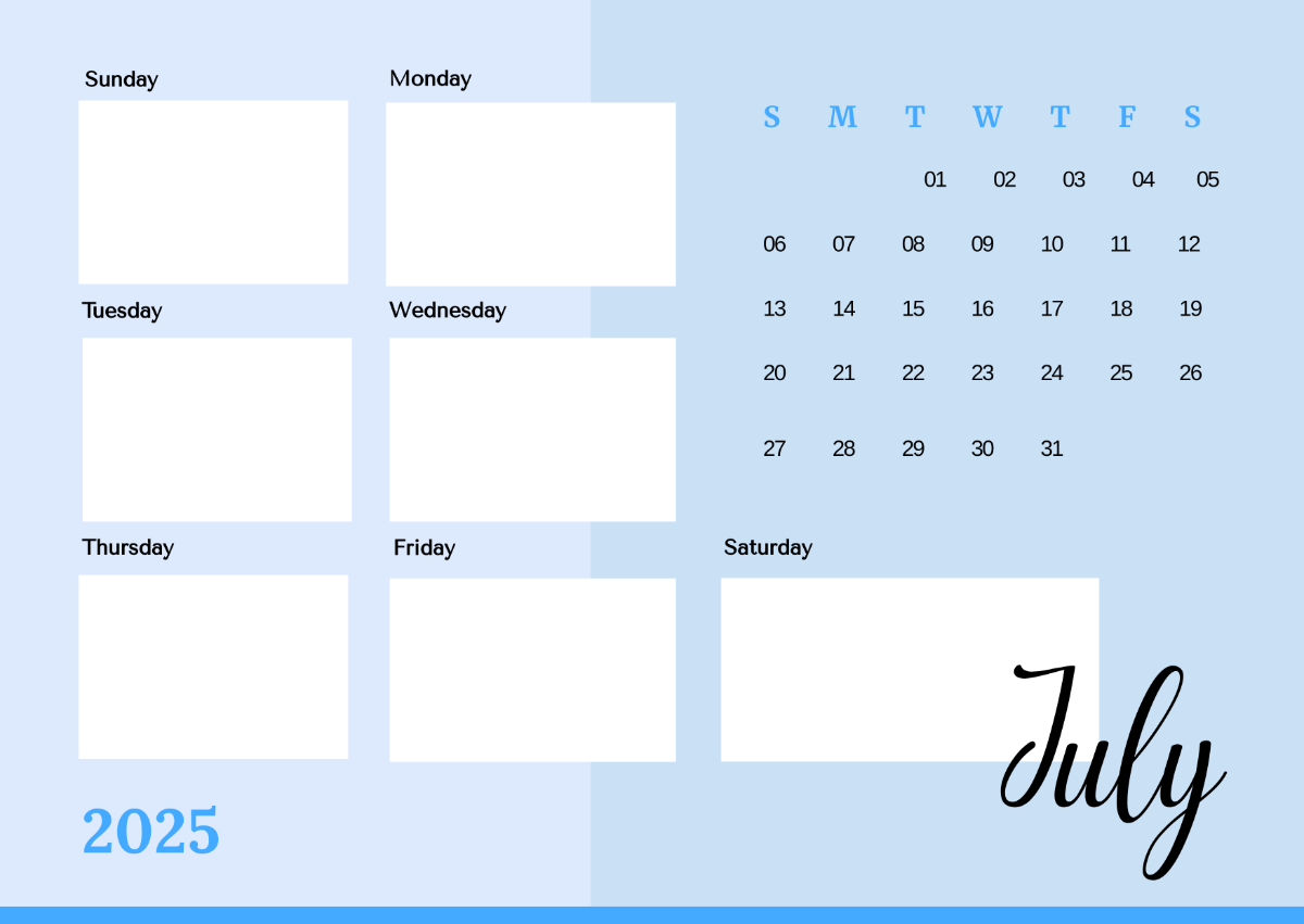 Free July 2026 Weekly Calendar Template to Edit Online