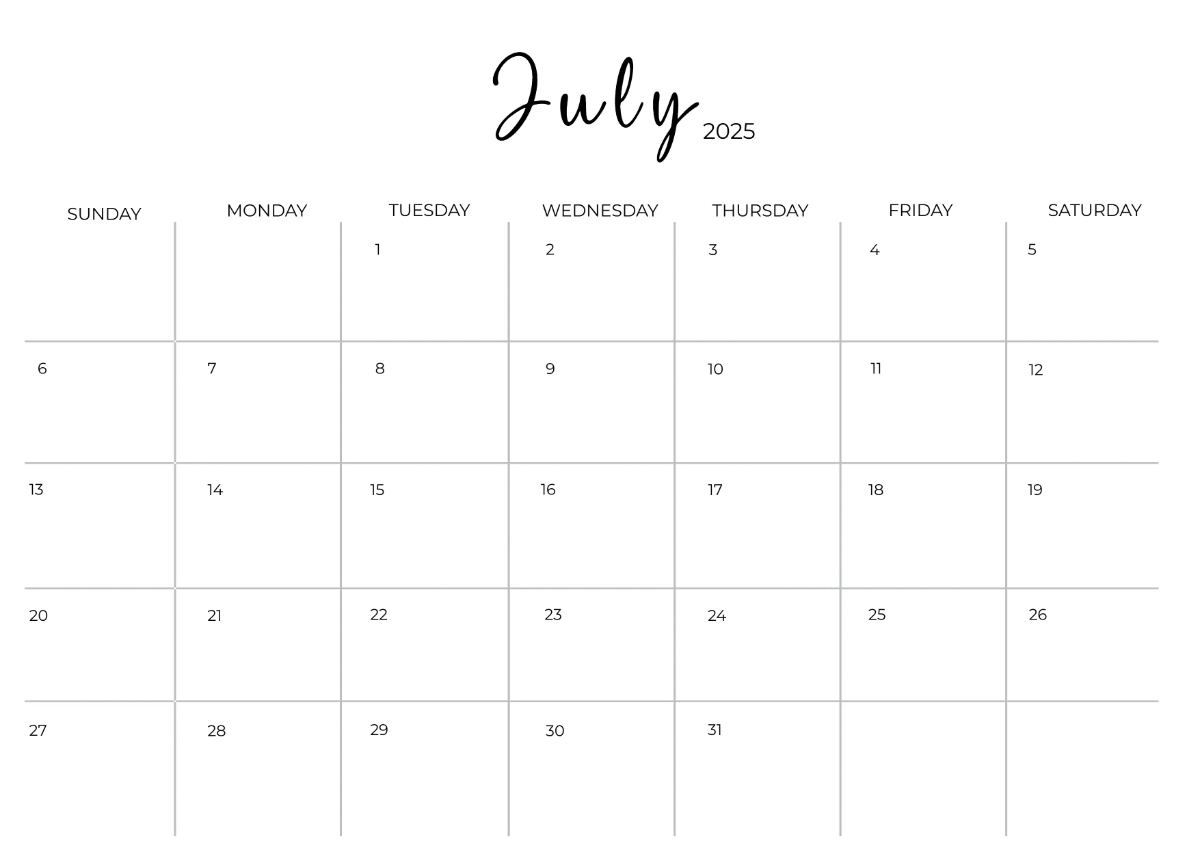 Free Printable July 2025 Horizontal Calendar Template to Edit Online