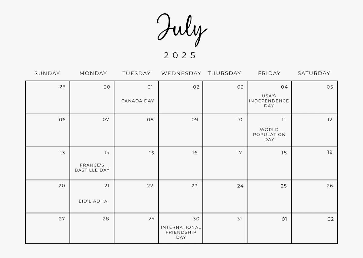 July 2025 Desk Calendar Template