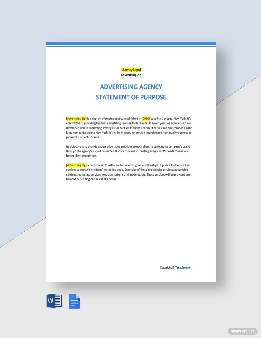 Sample Statement of Purpose for Advertising Agency Template in Word, Google Docs
