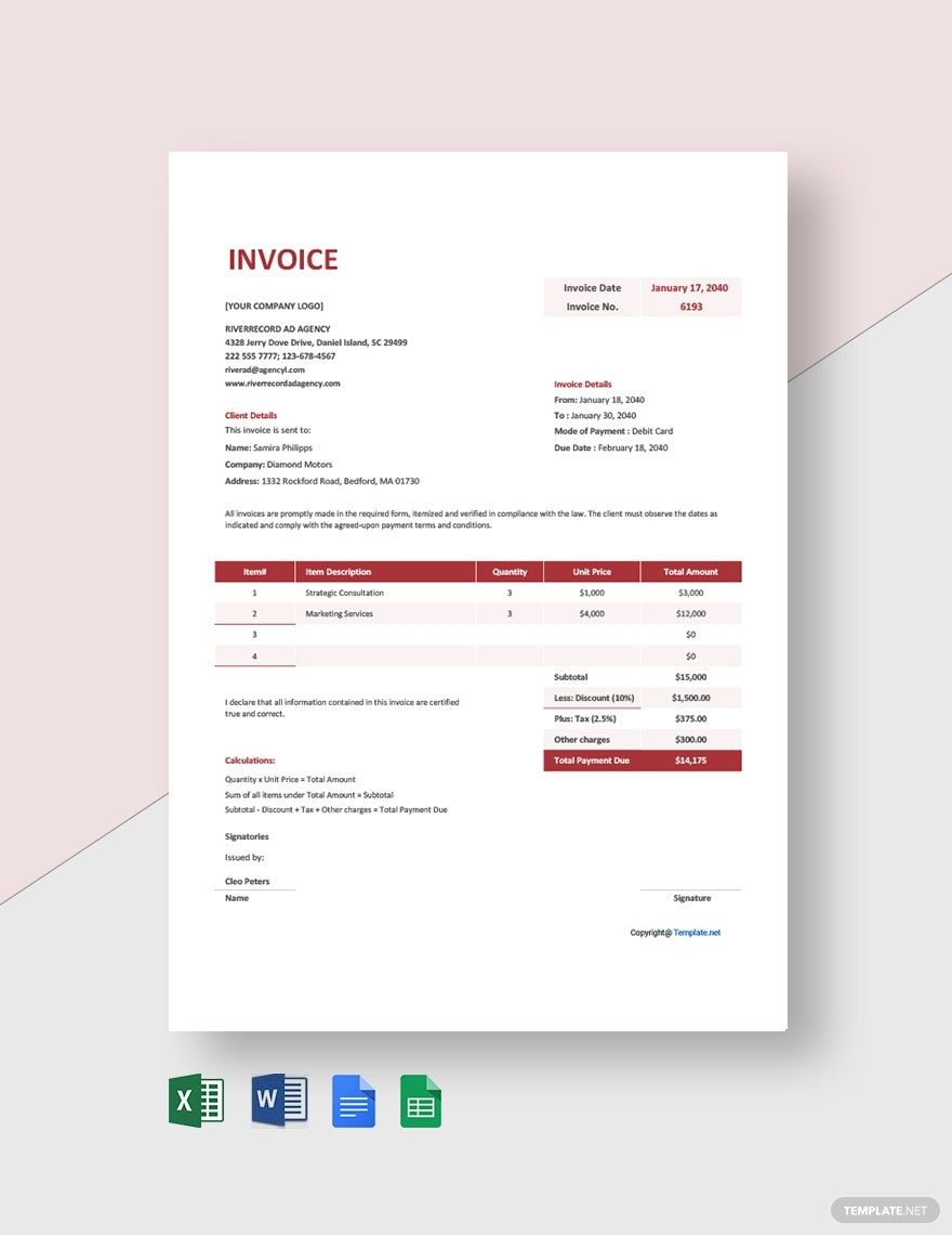 Blank Advertising Agency Invoice Template in Excel, Word, Google Sheets, Google Docs, Pages - Download | Template.net