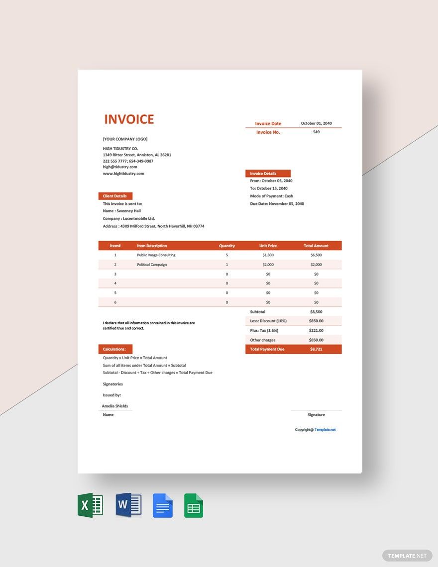 Free Simple Advertising Agency Invoice Template in Word, Google Docs, Excel, Google Sheets, Apple Pages