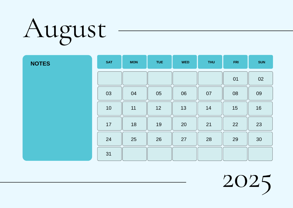 Free August 2025 Calendar with Notes Template to Edit Online