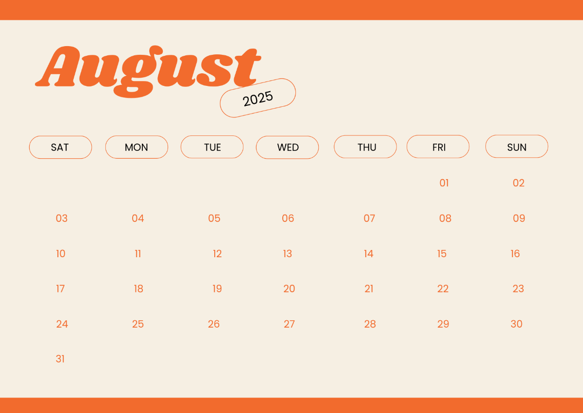 Free August 2025 Monthly Calendar Template to Edit Online