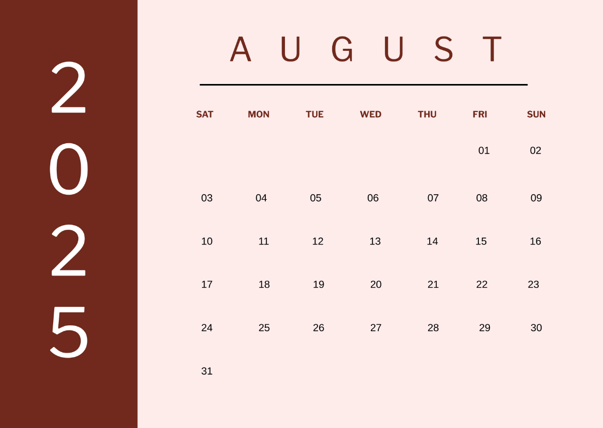 Free August 2025 Horizontal Calendar Template to Edit Online