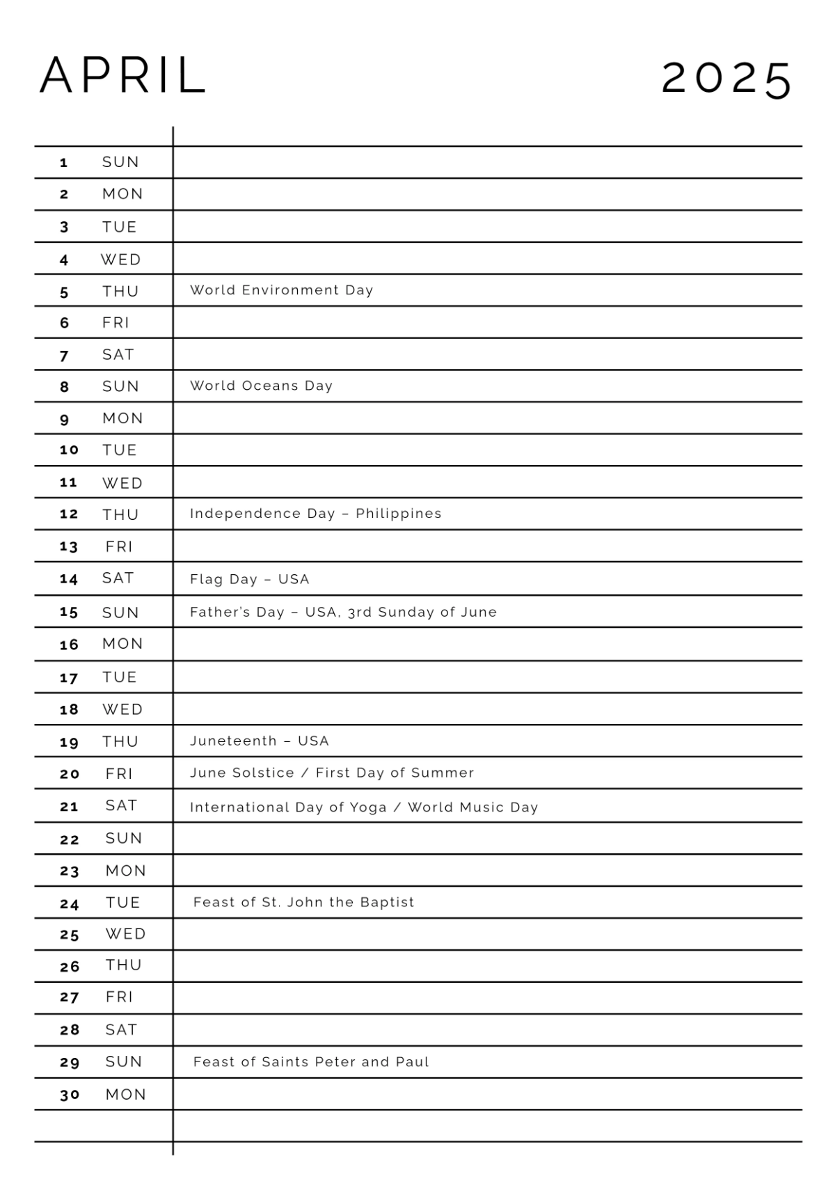 Free June 2025 Monthly Calendar Template to Edit Online