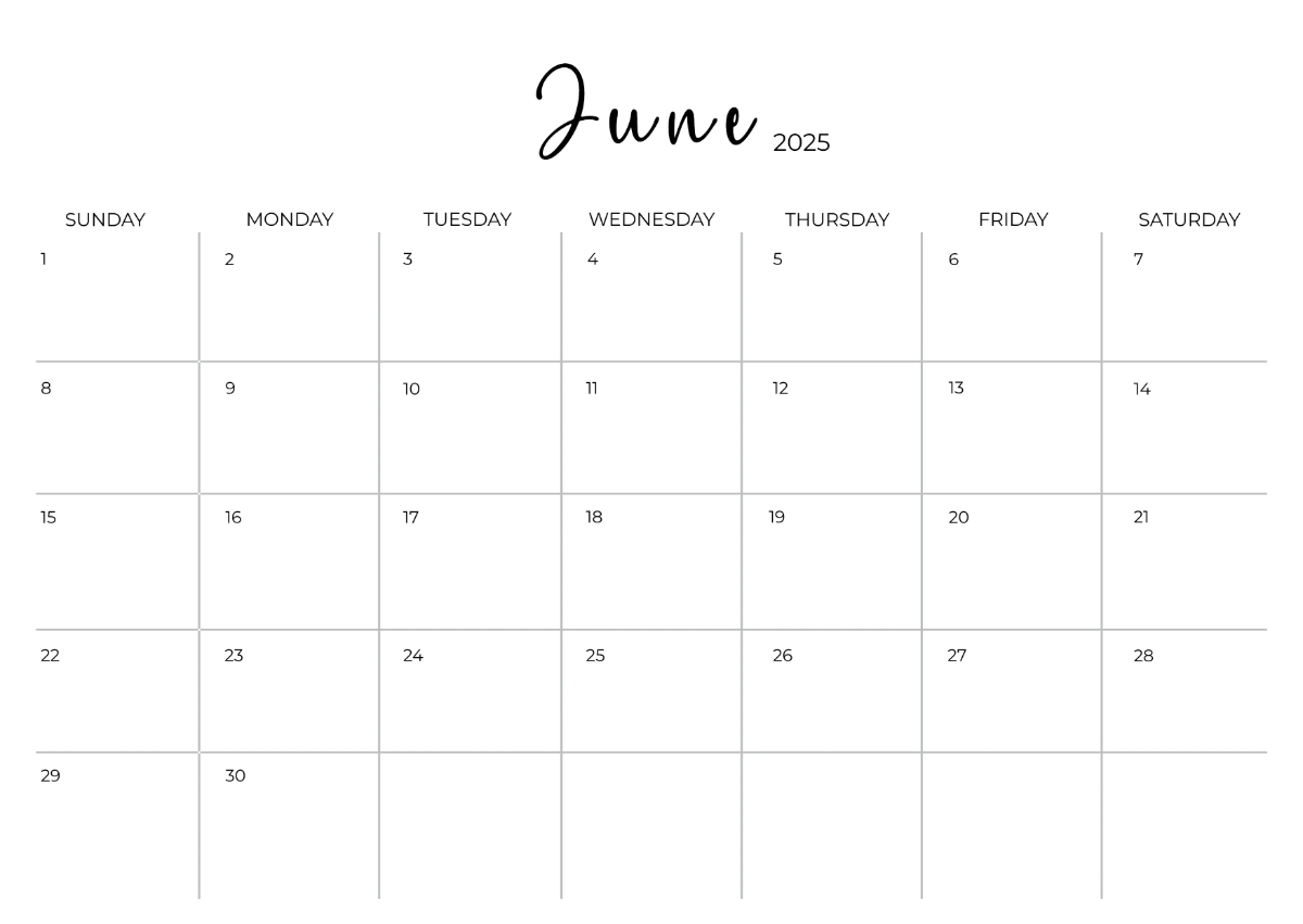Free Printable June 2025 Horizontal Calendar Template to Edit Online